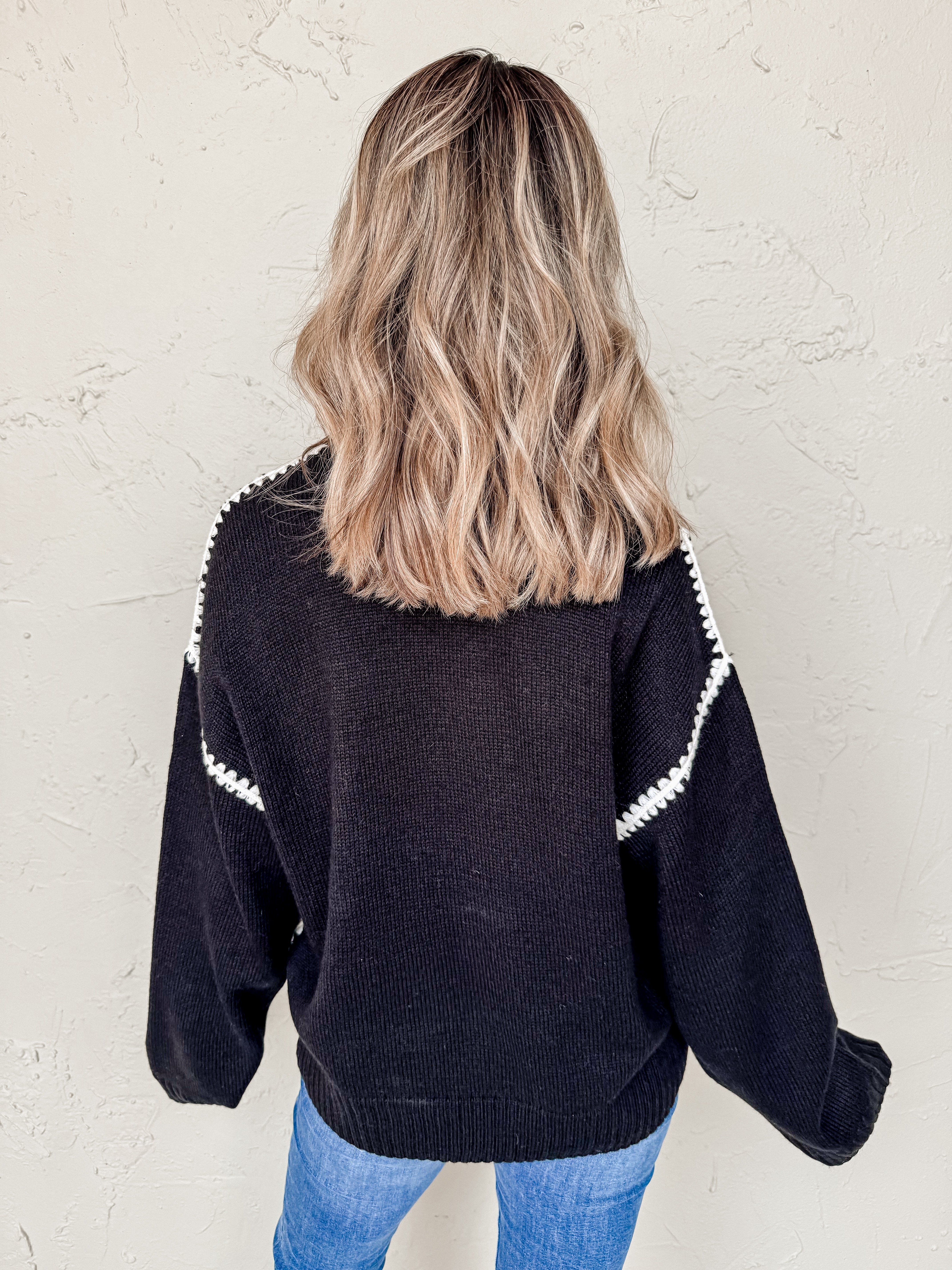 Meet In The Middle Contrast Stitch Sweater-Black