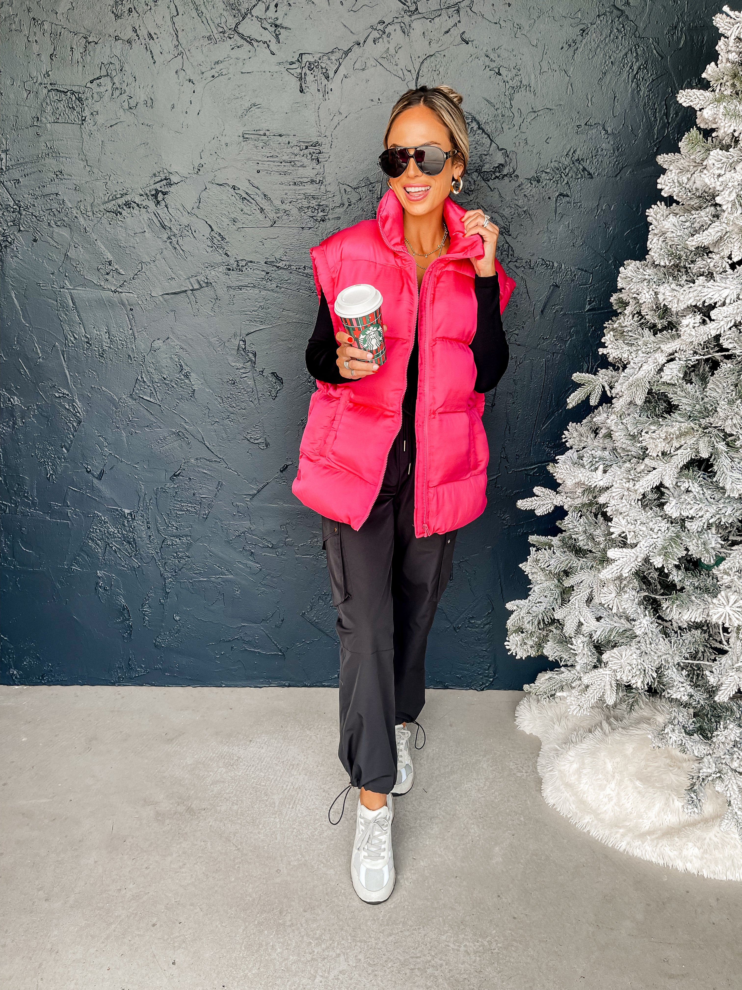 Meet You Outside Puffer Vest-Hot Pink