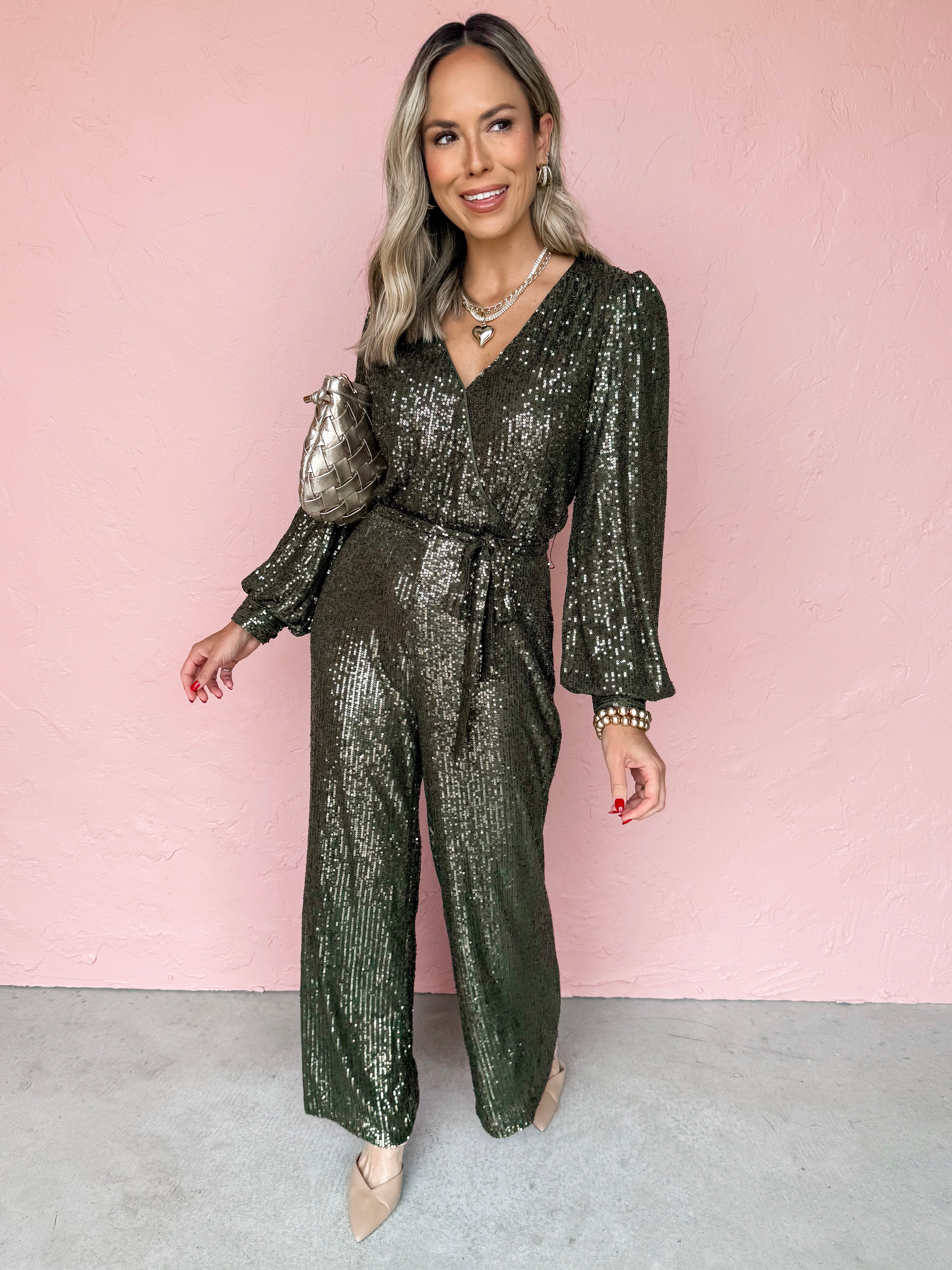 Midnight Glitz Sequin Jumpsuit-Olive