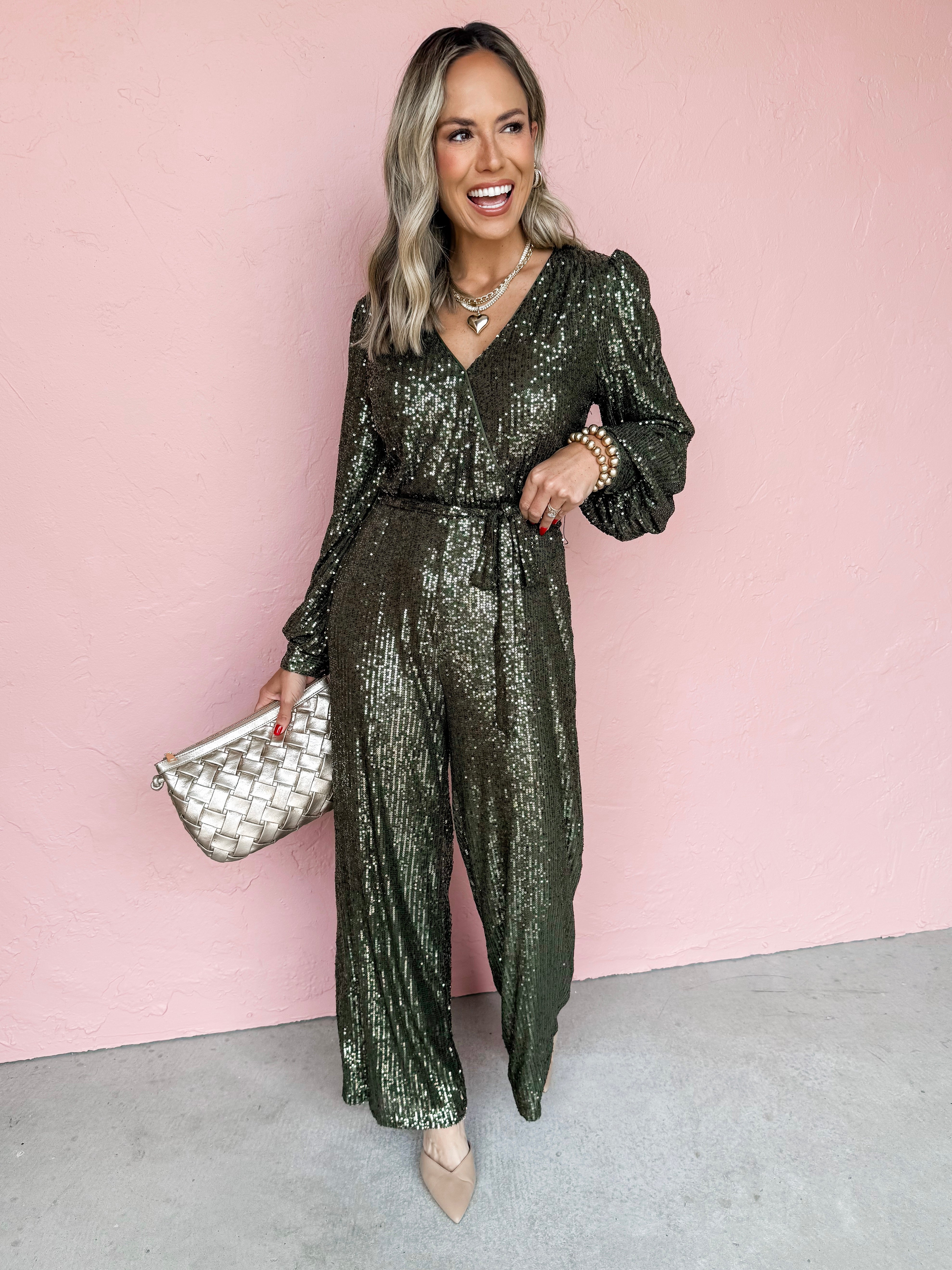 Midnight Glitz Sequin Jumpsuit-Olive