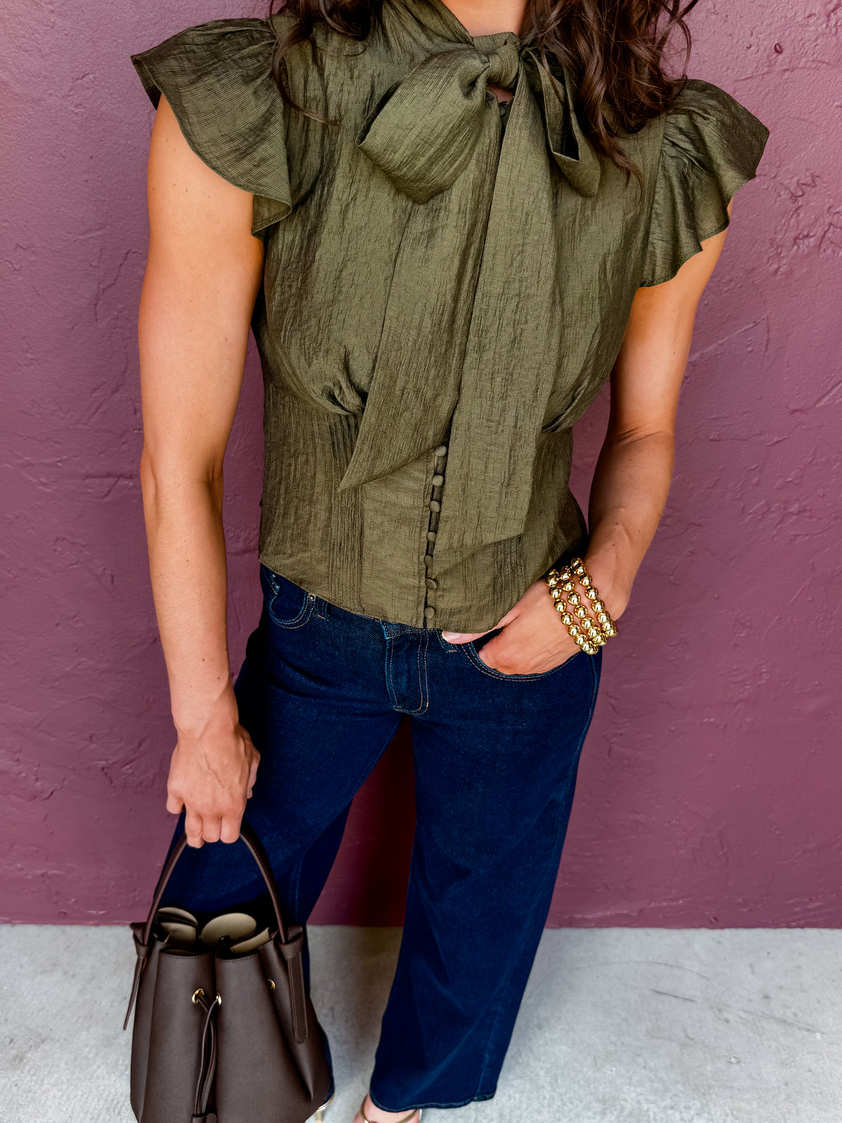Mikelle Flutter Sleeve Button Front Top