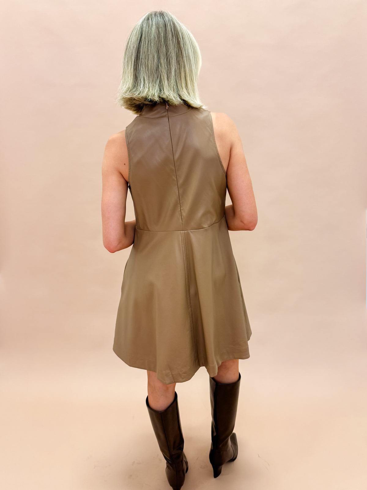Milana Faux Leather Mock Neck Mini Dress-Brown