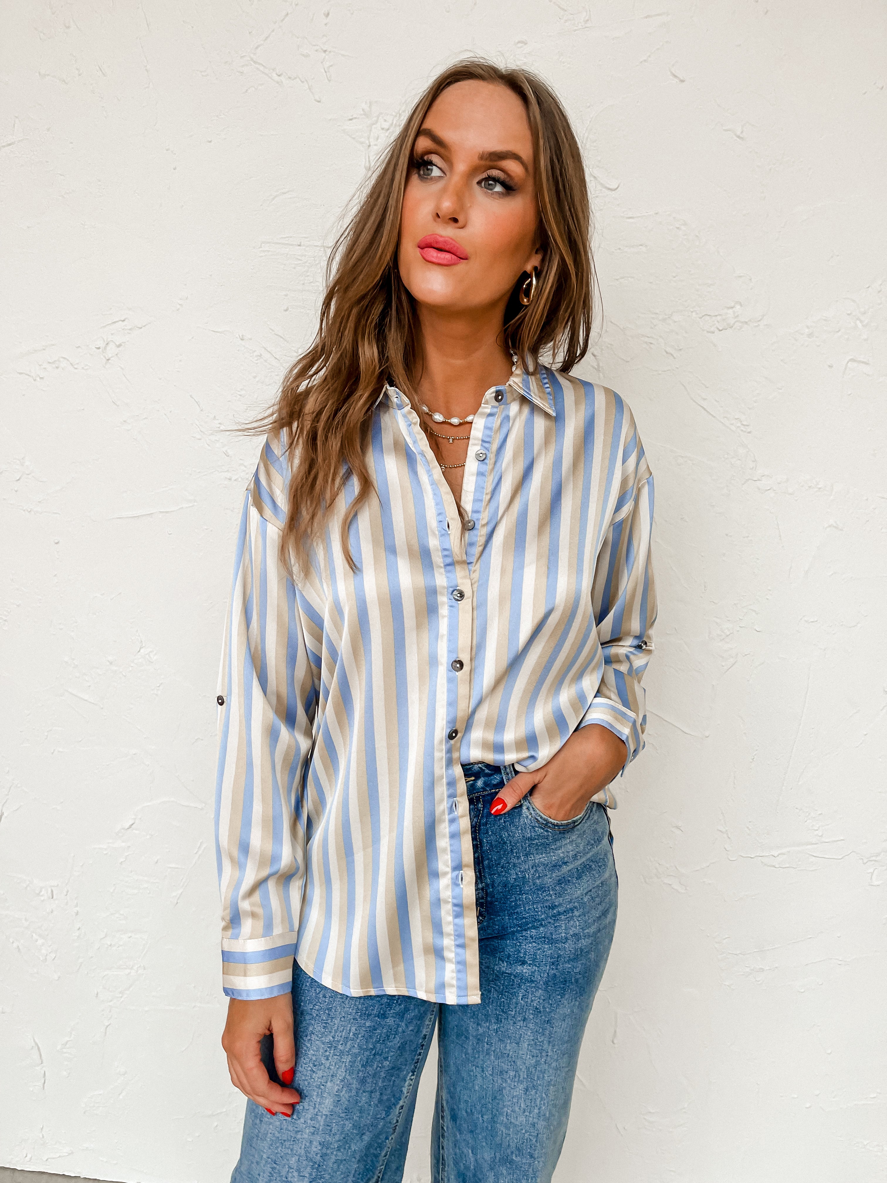 Miles Ahead Striped Button Front Top