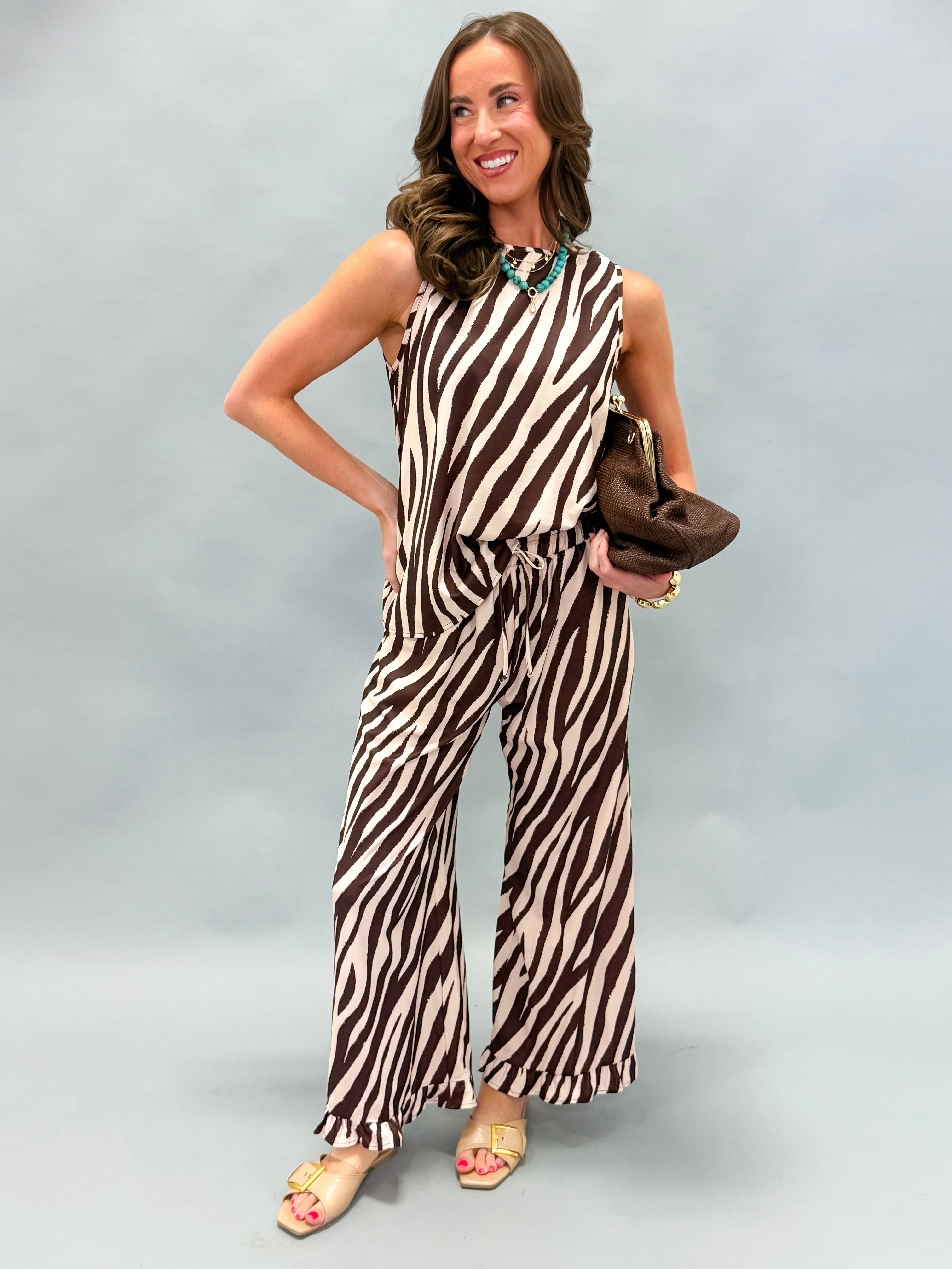 Miley Zebra Wide Leg Set-Brown