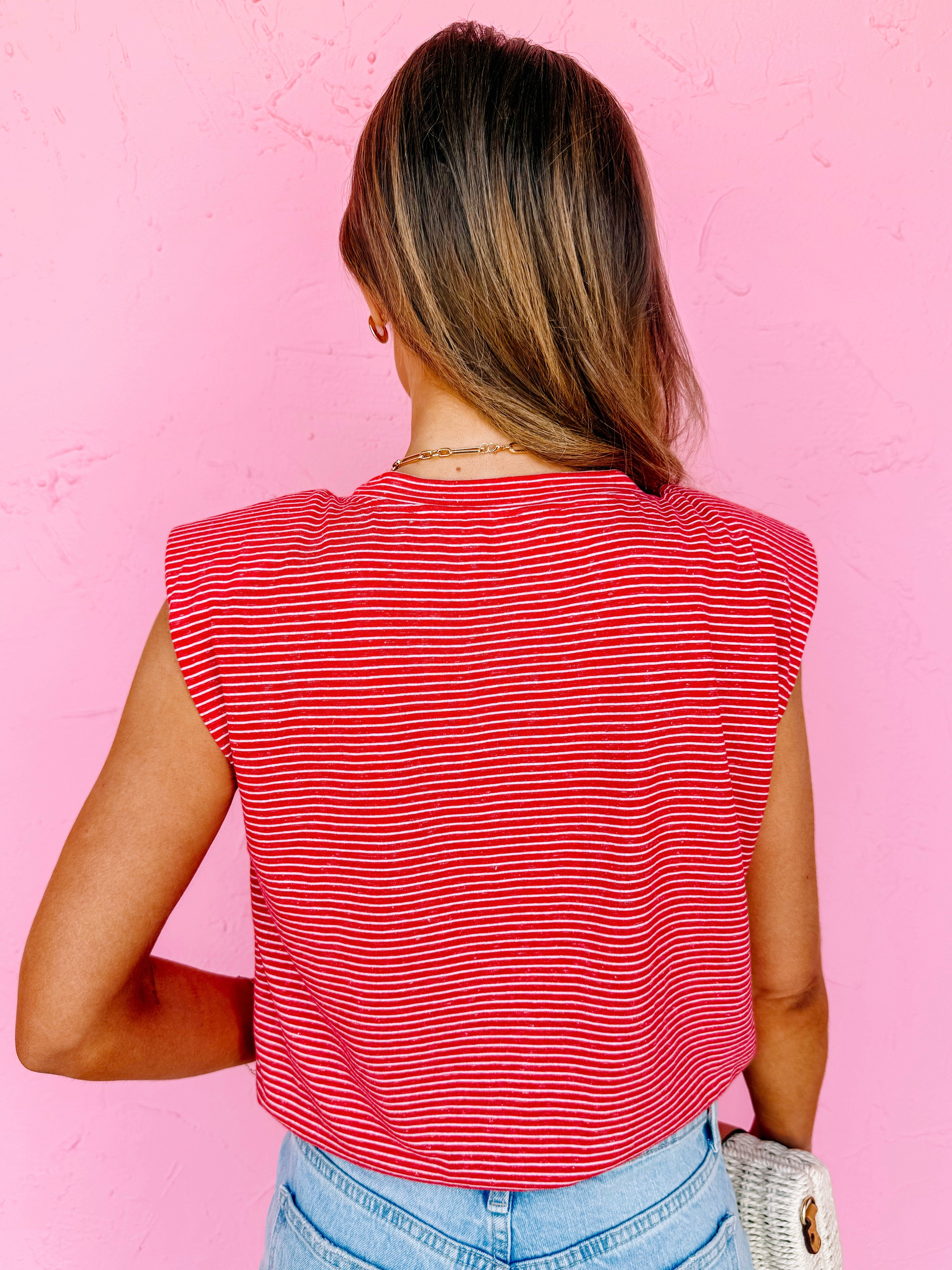 Mora Stripe Knit Bubble Hem Tank Top-Red