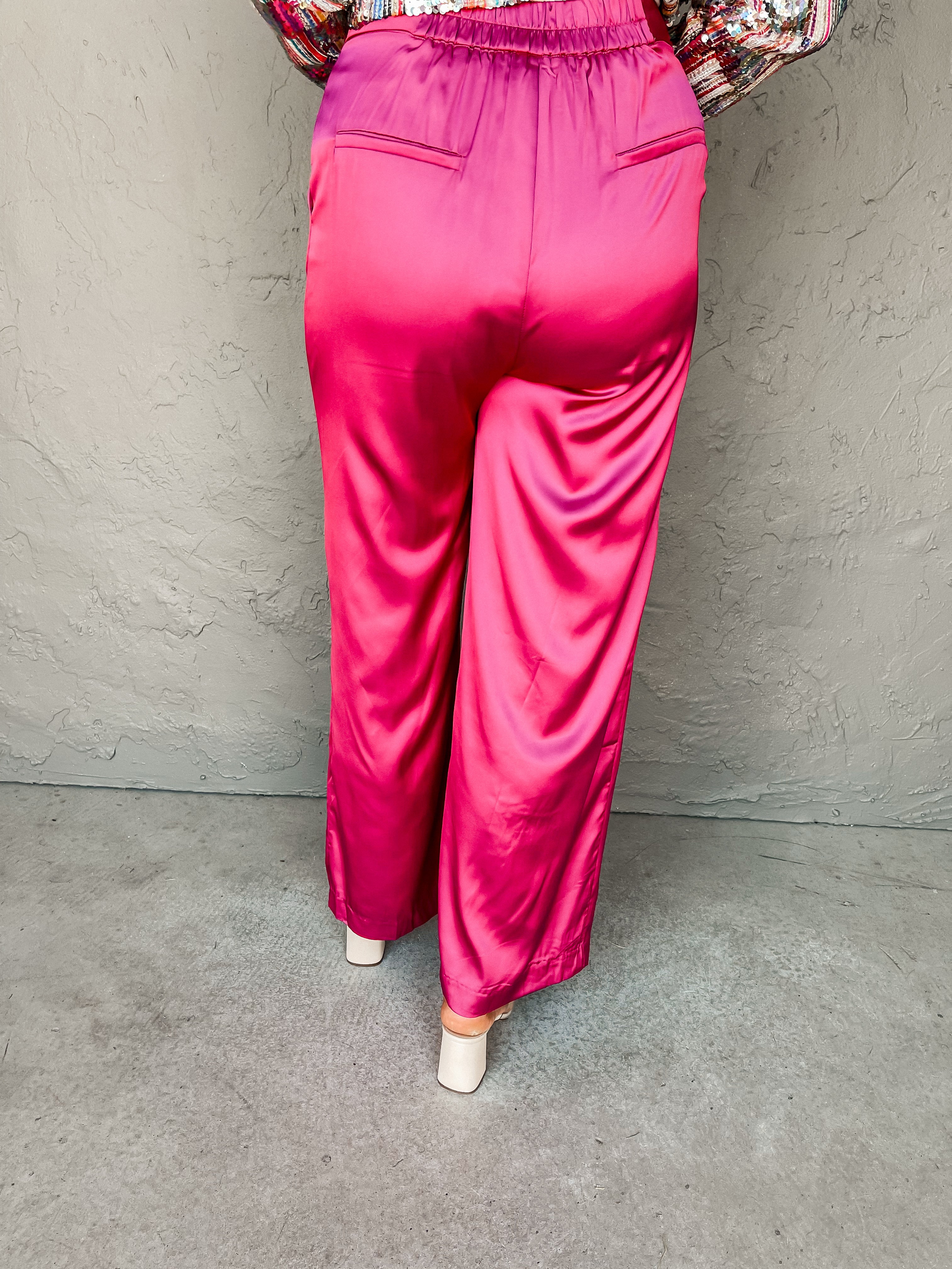 Satin Shimmer High Waisted Wide Leg Trousers