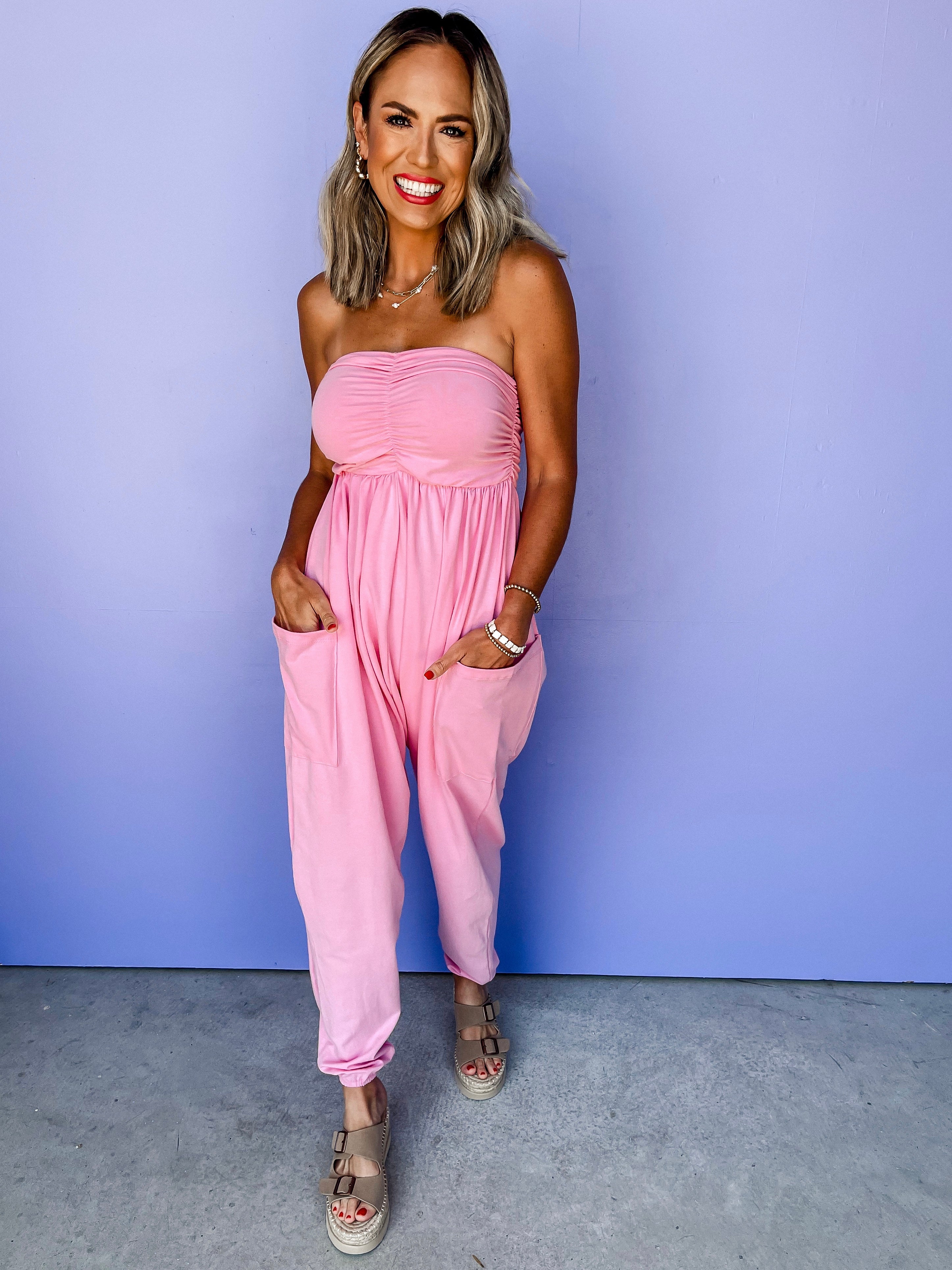My Best Day Strapless Ruched Jumpsuit-Pink