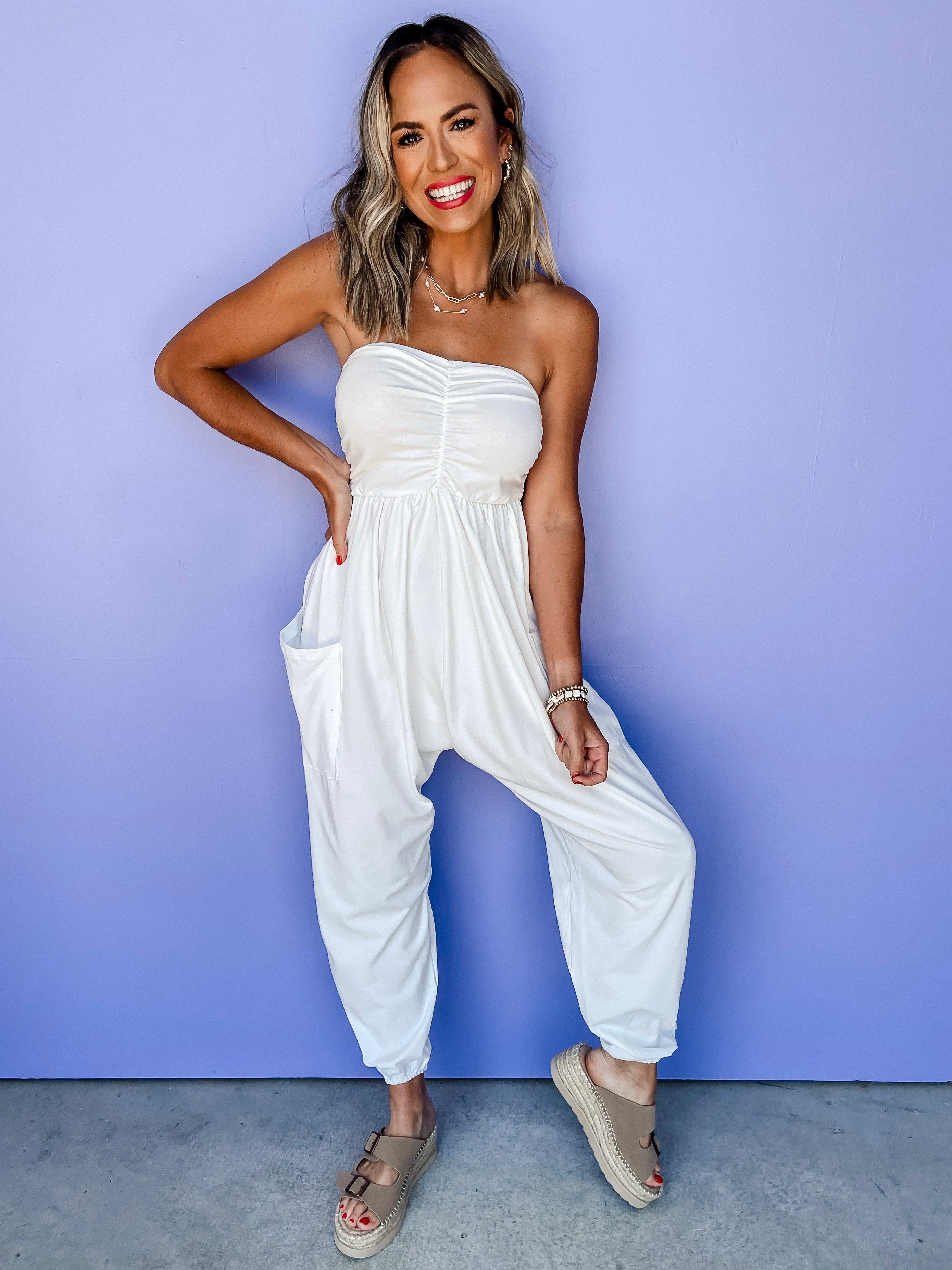 My Best Day Strapless Ruched Jumpsuit