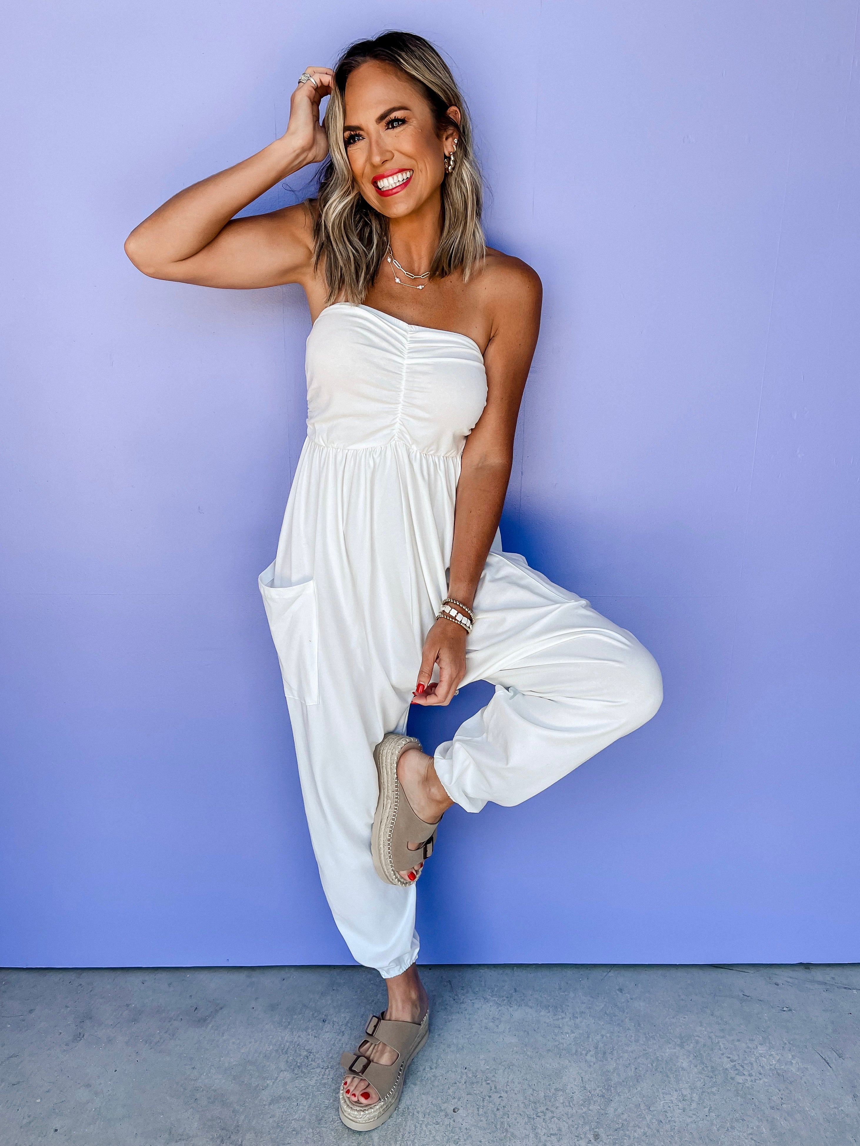 My Best Day Strapless Ruched Jumpsuit