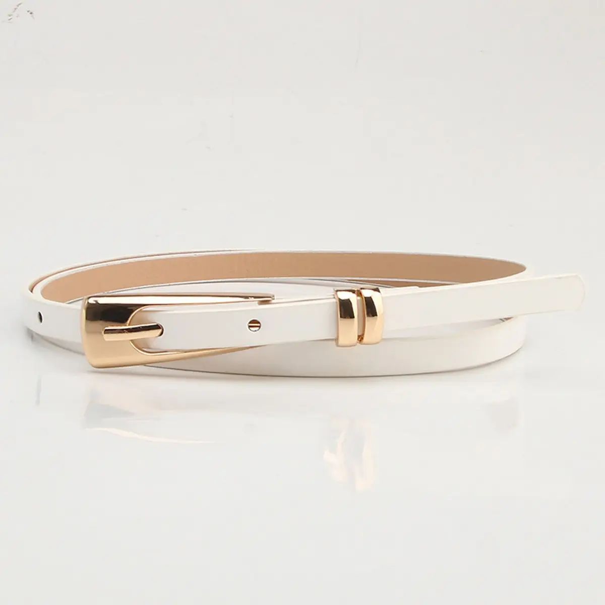 Shaylee Gold Buckle Thin Belt-White