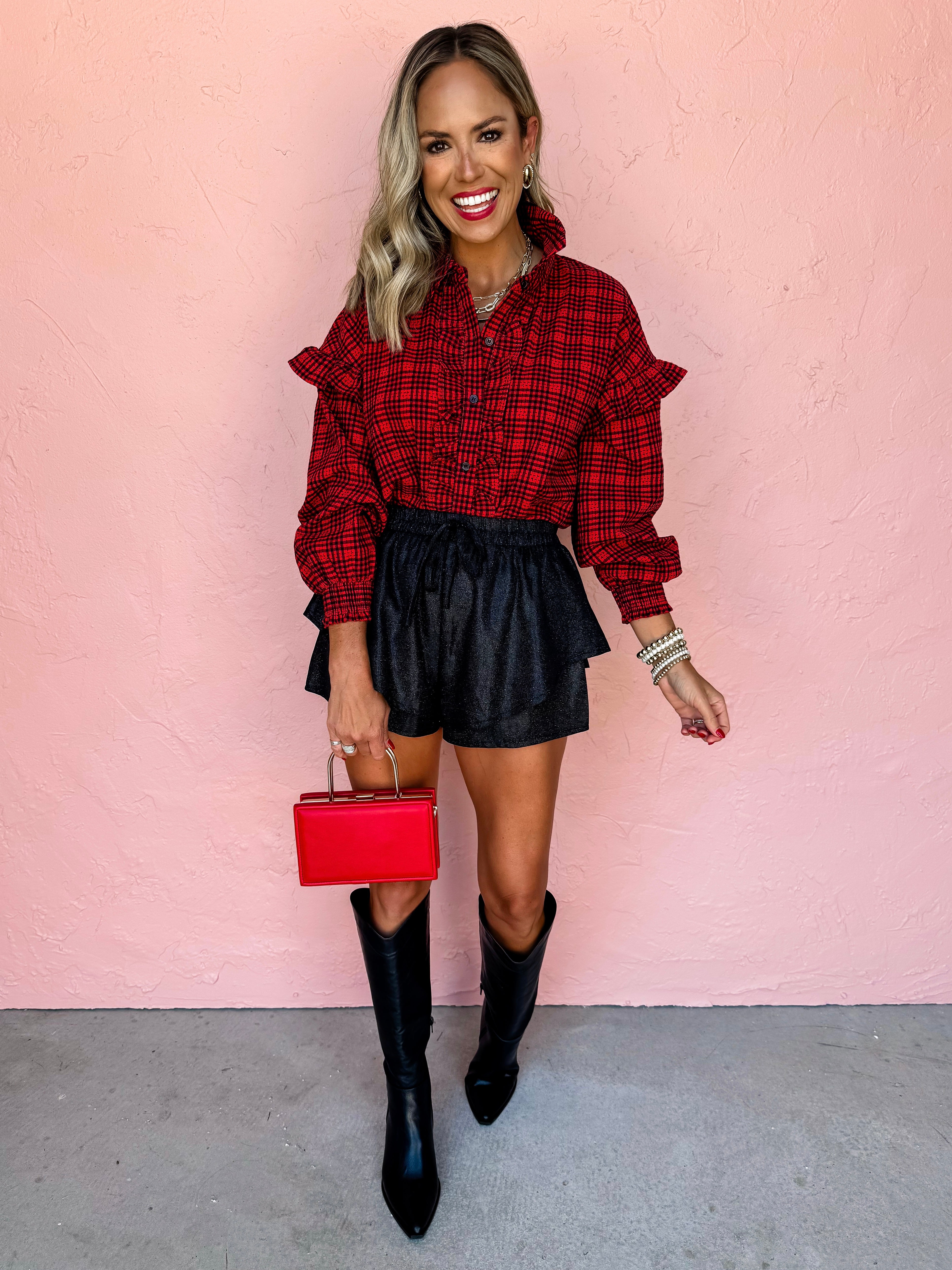 Never Pretend Plaid Ruffle Top