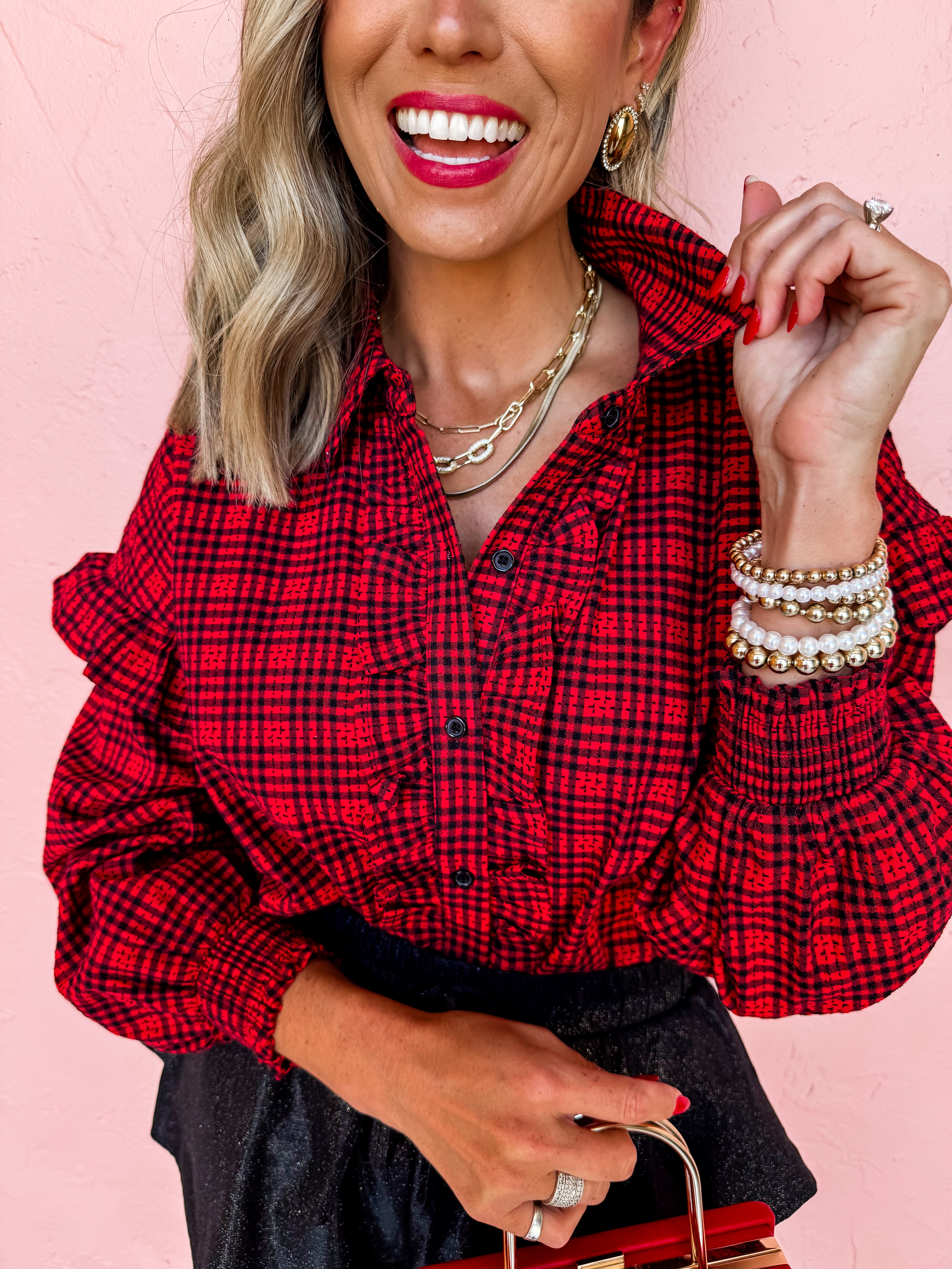 Never Pretend Plaid Ruffle Top