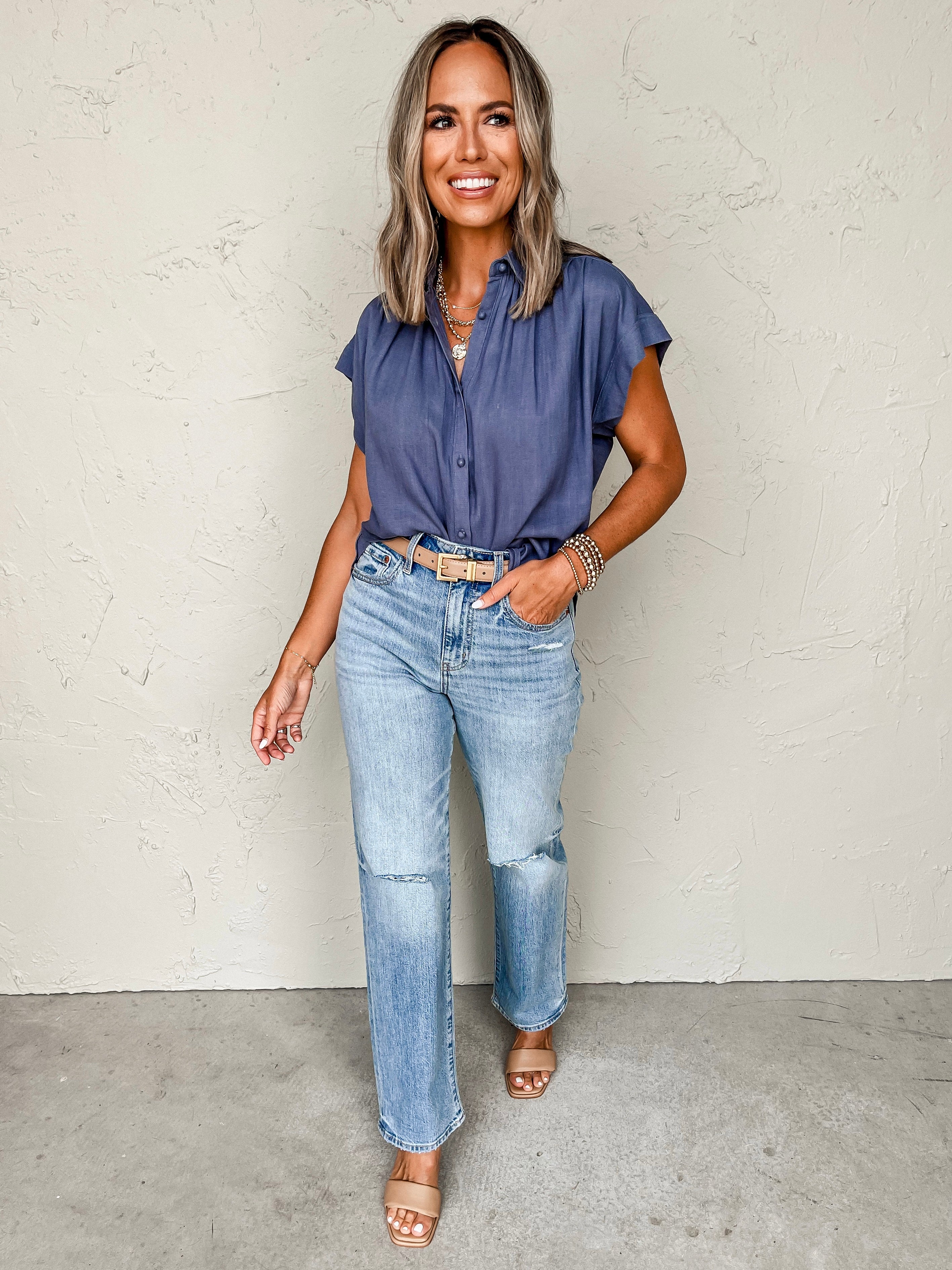 New Beginnings Button Front Top-Dark Chambray