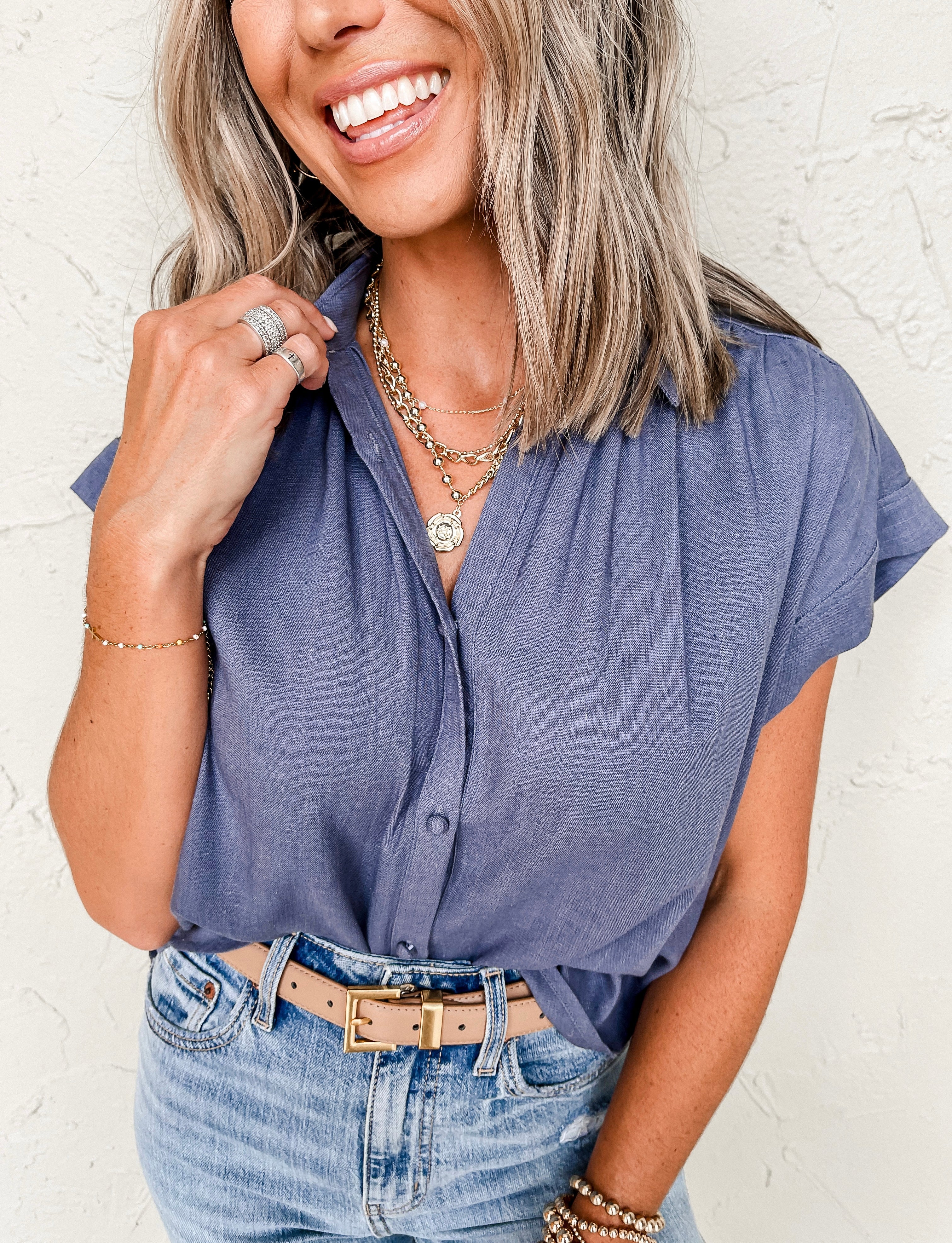 New Beginnings Button Front Top-Dark Chambray