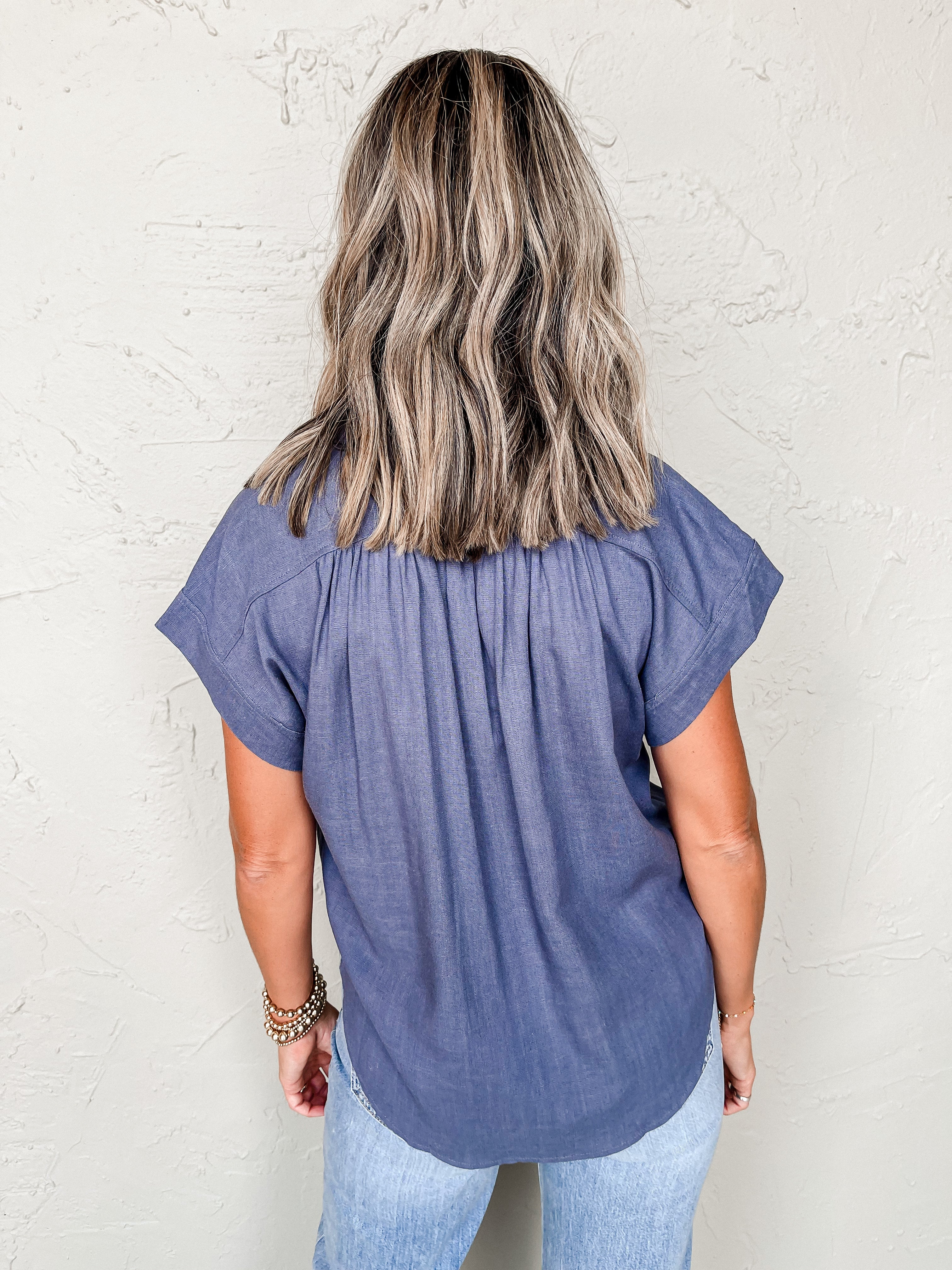 New Beginnings Button Front Top-Dark Chambray