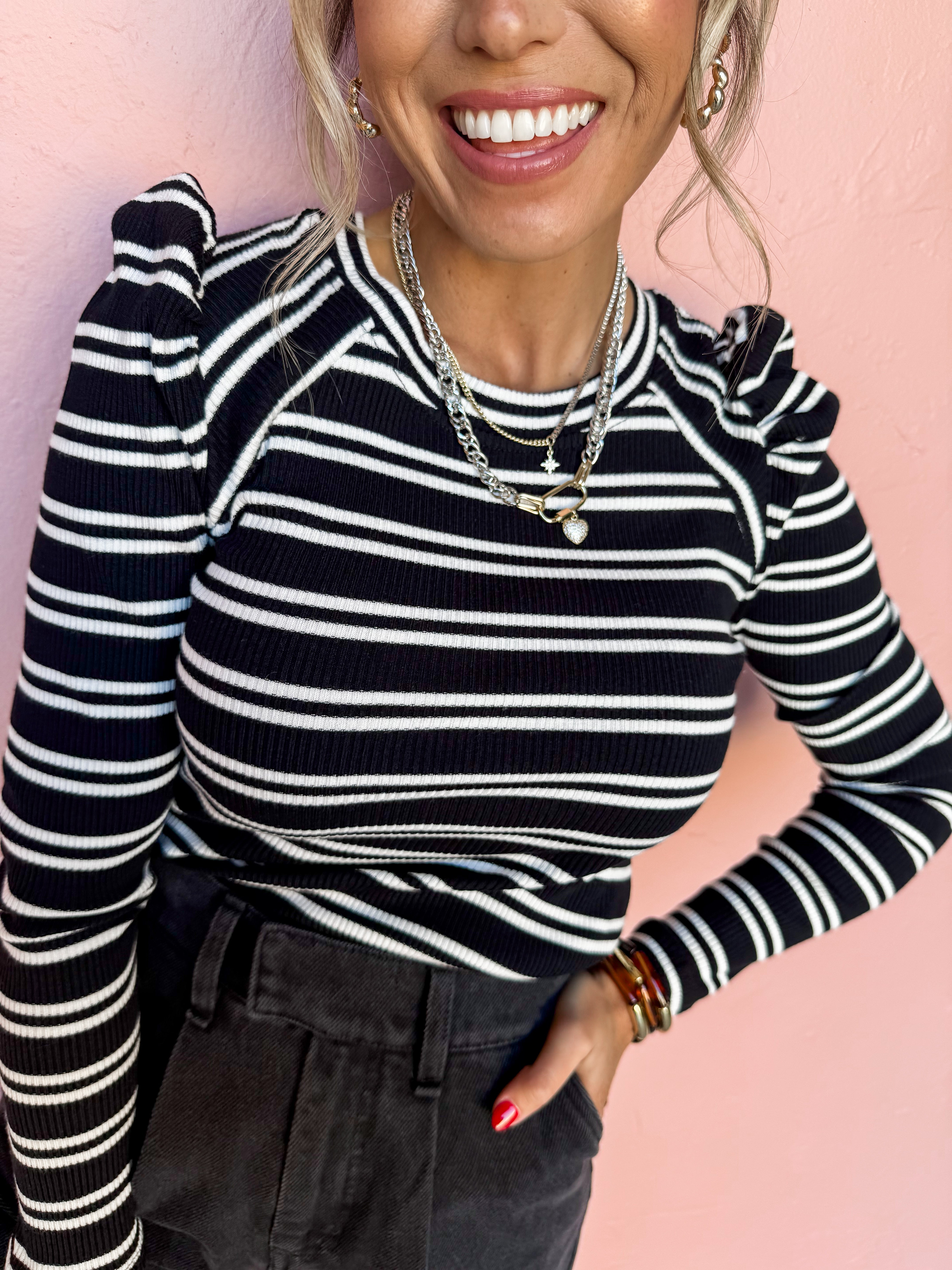 No Way Around Striped Puff Sleeve Top