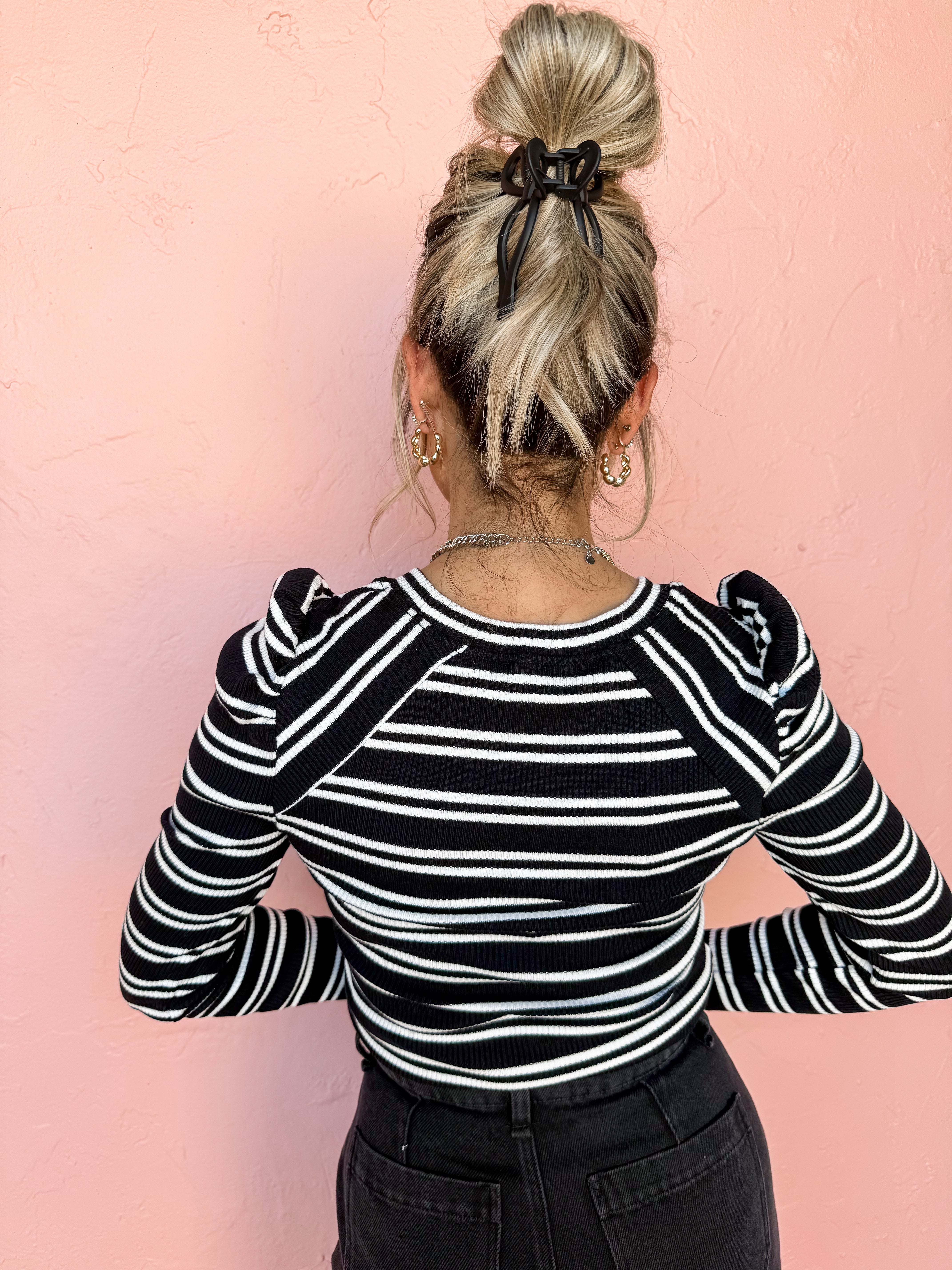 No Way Around Striped Puff Sleeve Top