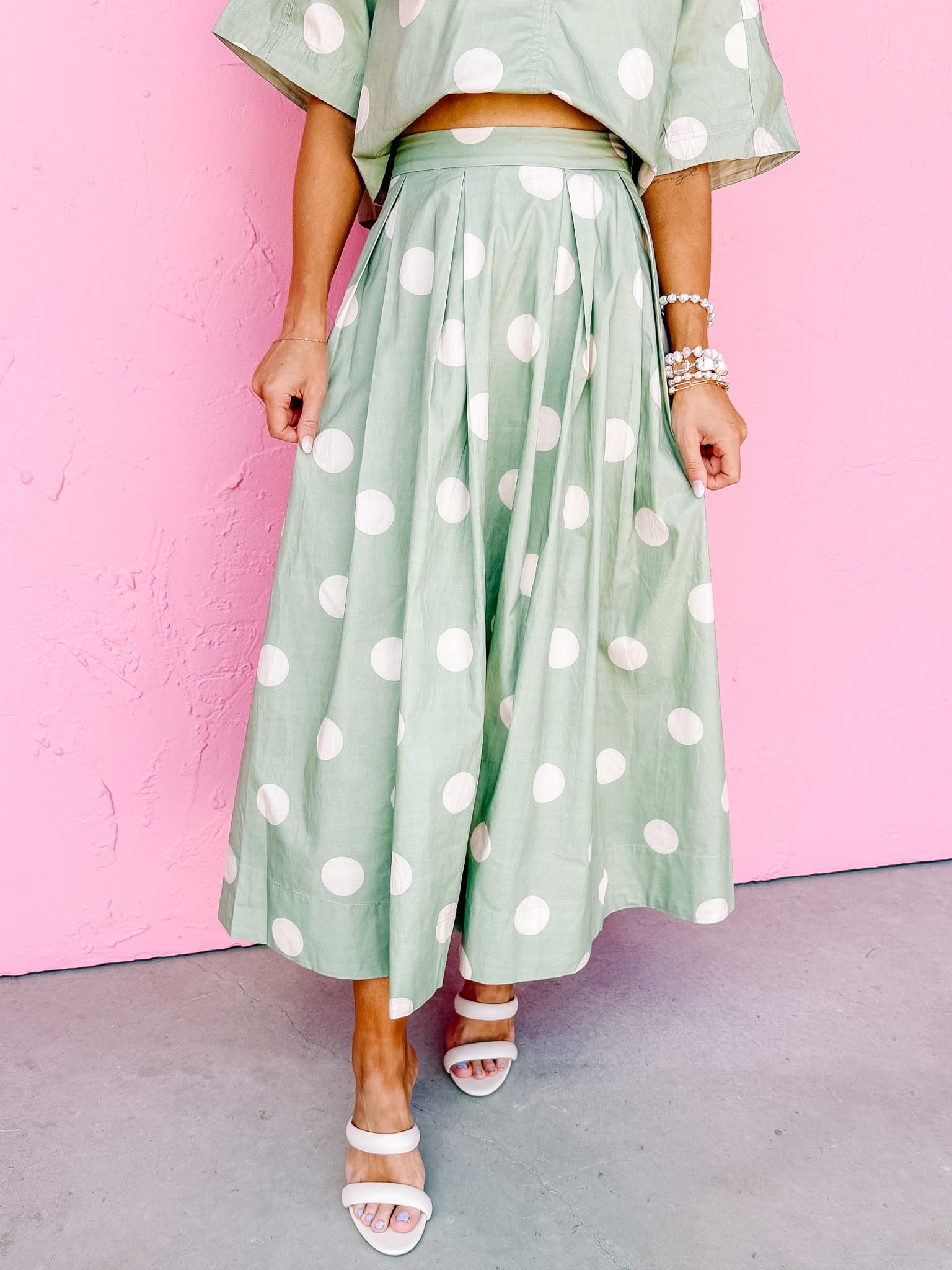 Oakes Polka Dot Pleated Midi Skirt