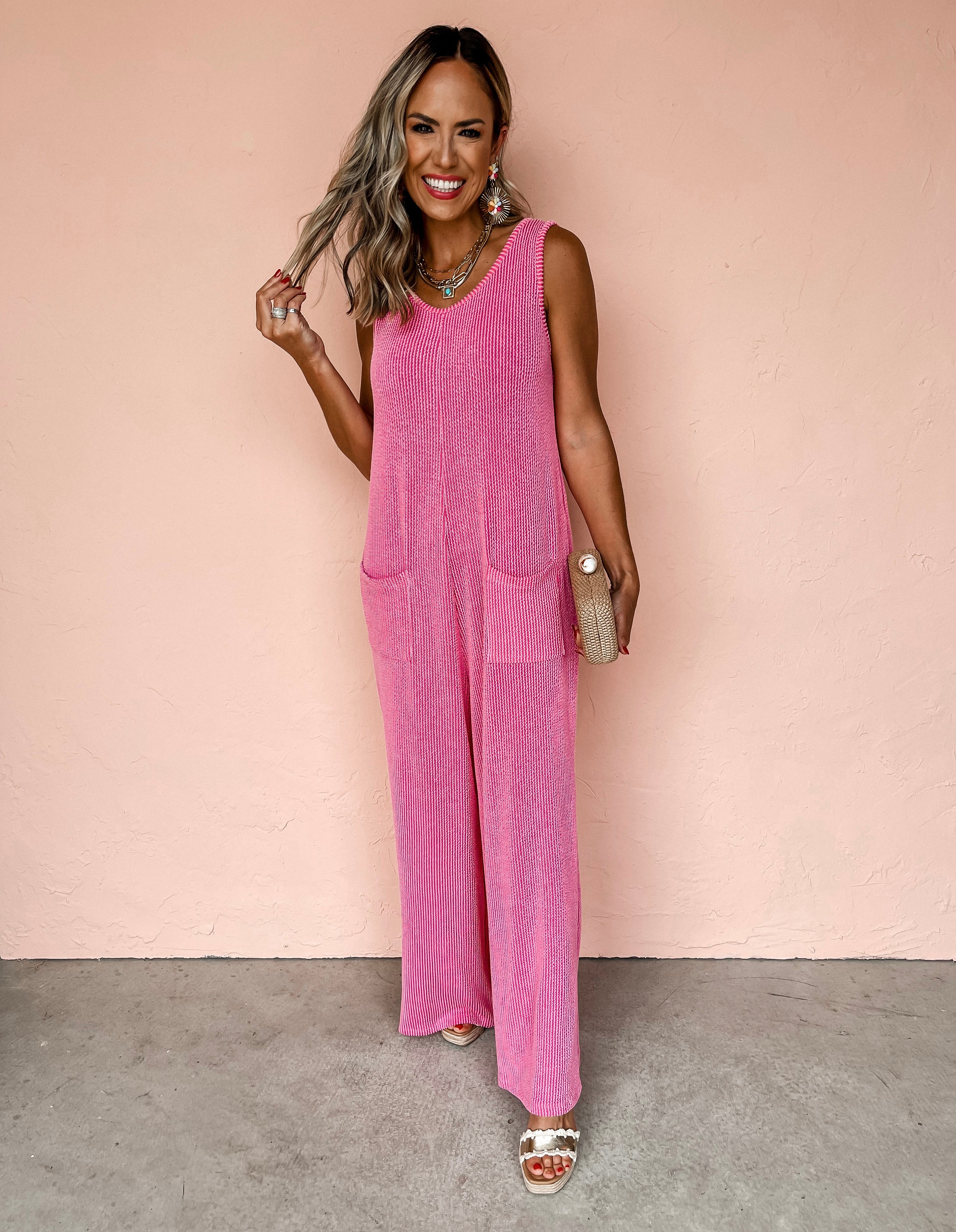 On A Journey Sleeveless Jumpsuit-Hot Pink