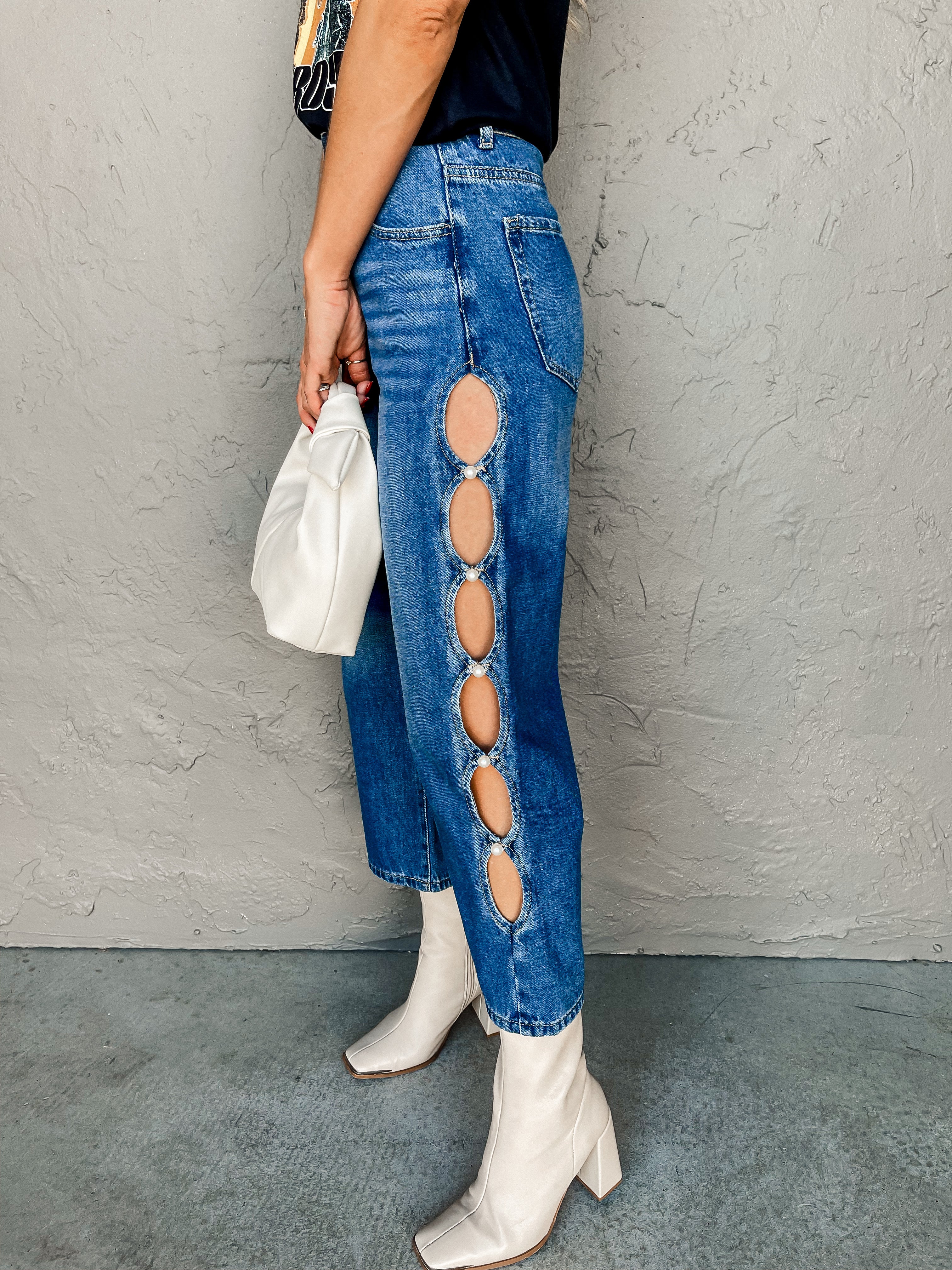Once Upon A Pearl Cut Out Wide Leg Jeans-Dark Wash