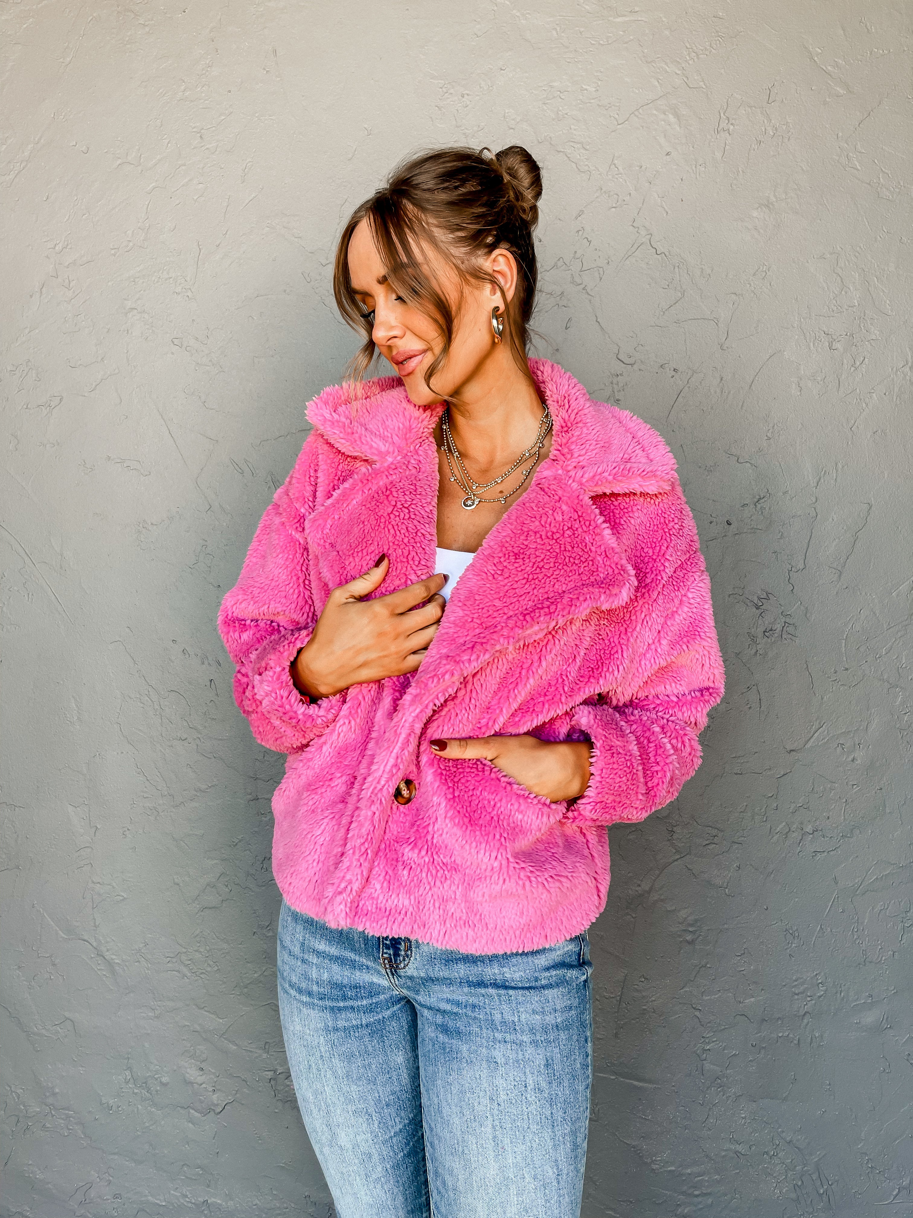One And Only Faux Fur Jacket-Pink