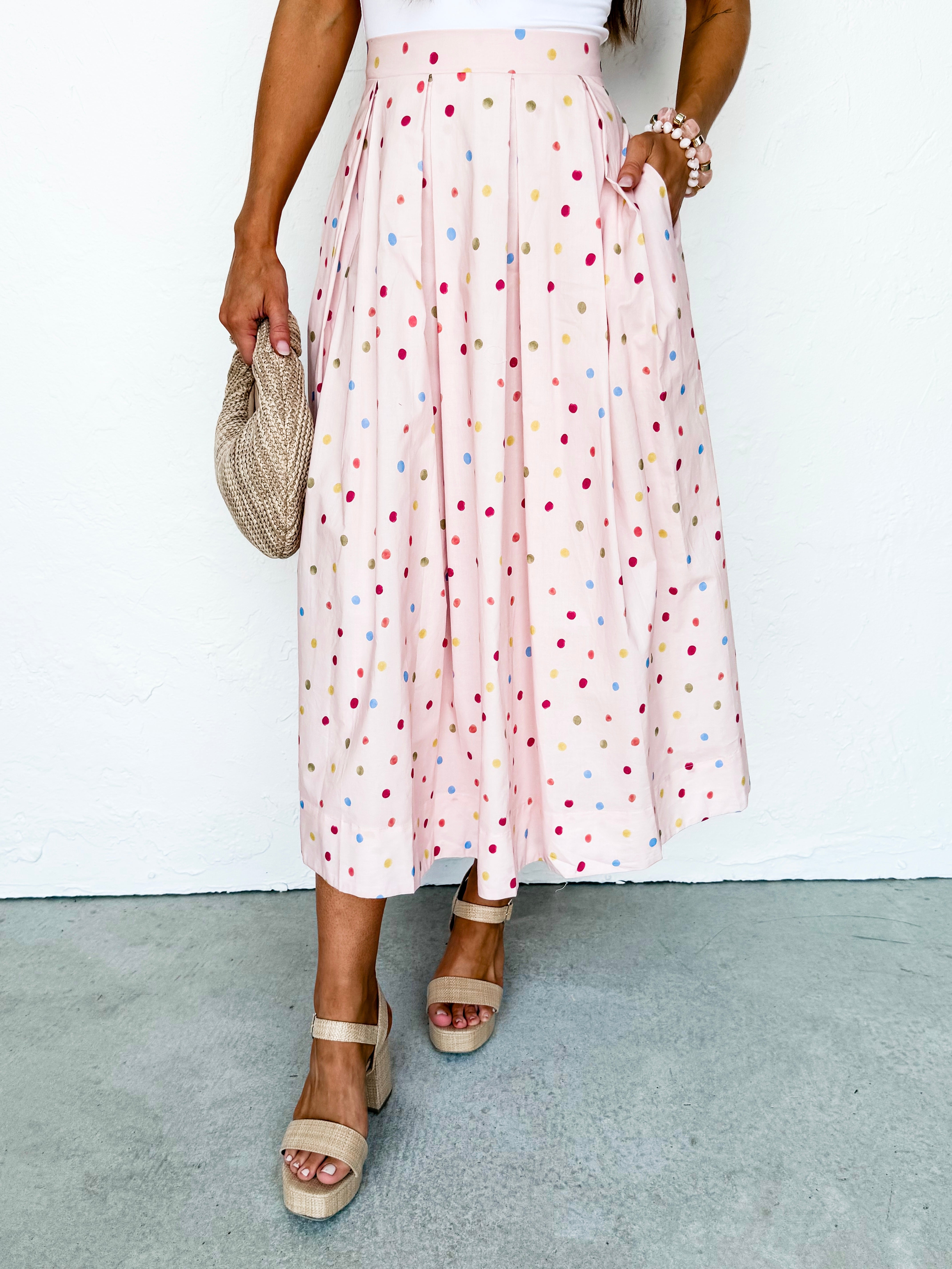 Pamela Polka Dot Pleated Skirt-Pink