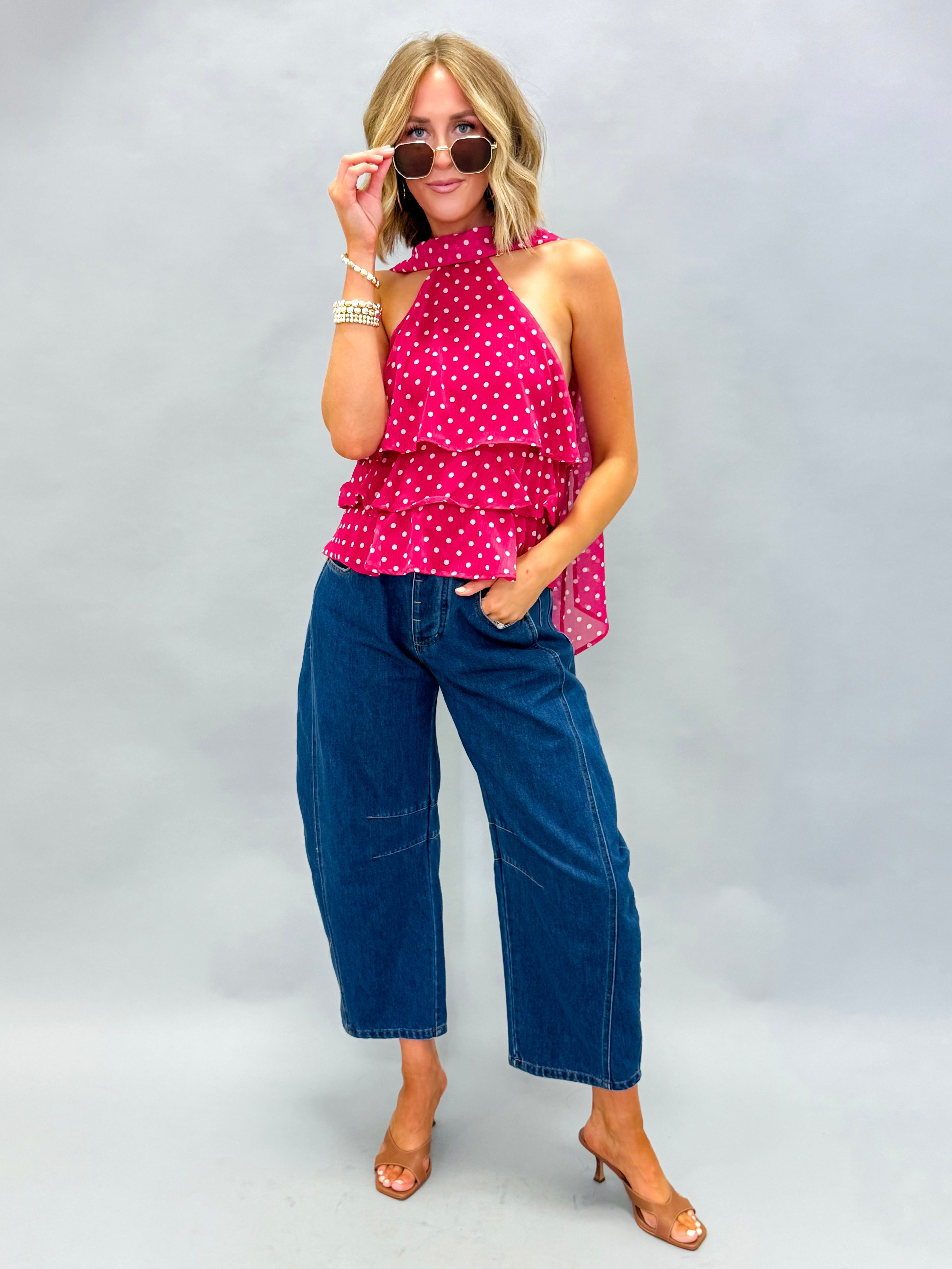 Paris Polka Dot Halter Top-Fuchsia