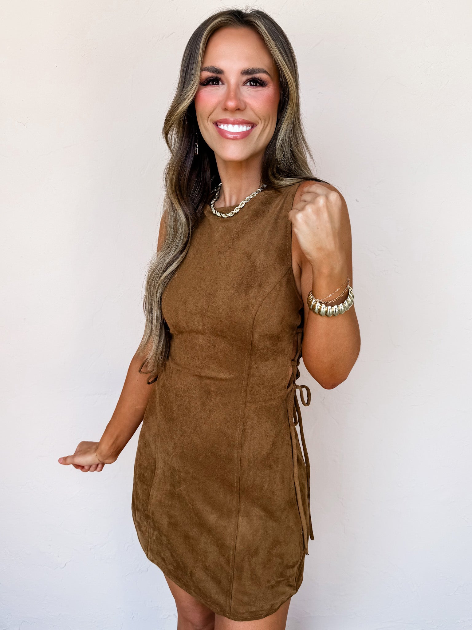 Passing Through Suede Side Lace Up Dress