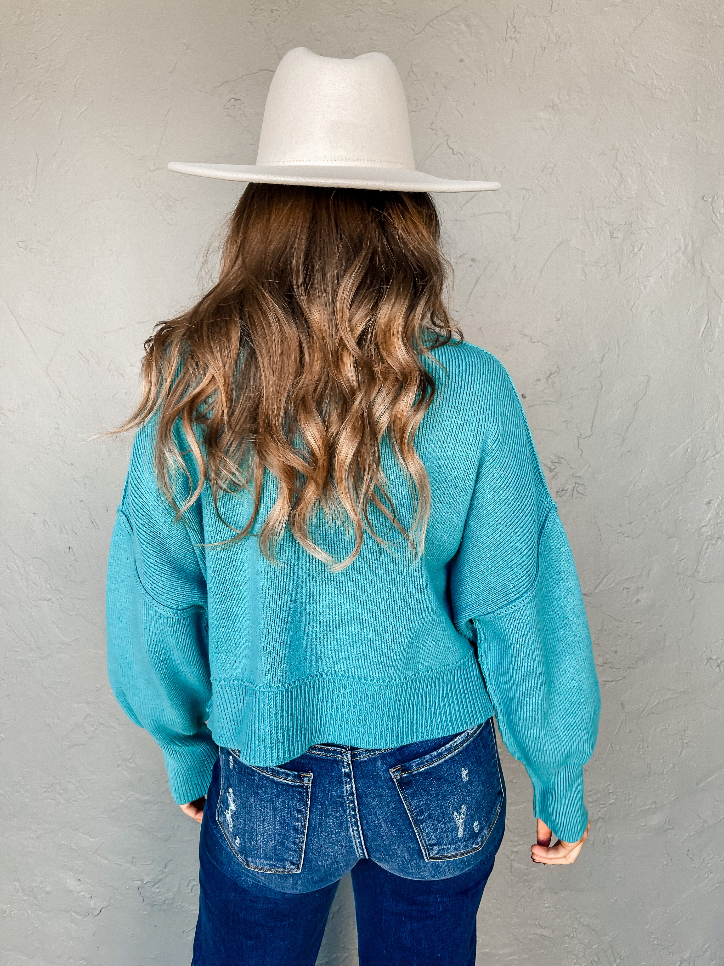 Passing Time Oversized Cropped Sweater-Teal