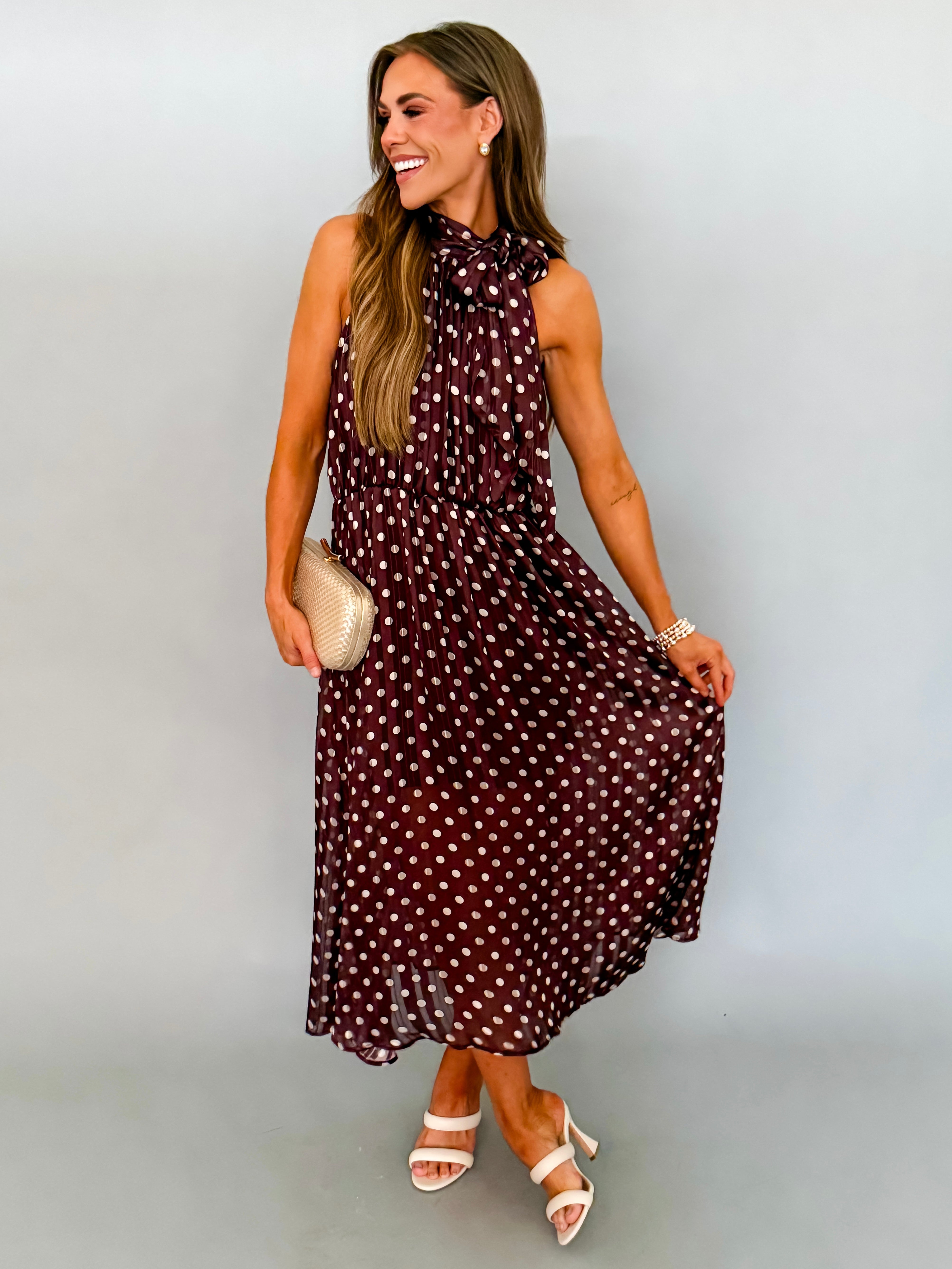Penelope Polka Dot Bow Midi Dress-Brown