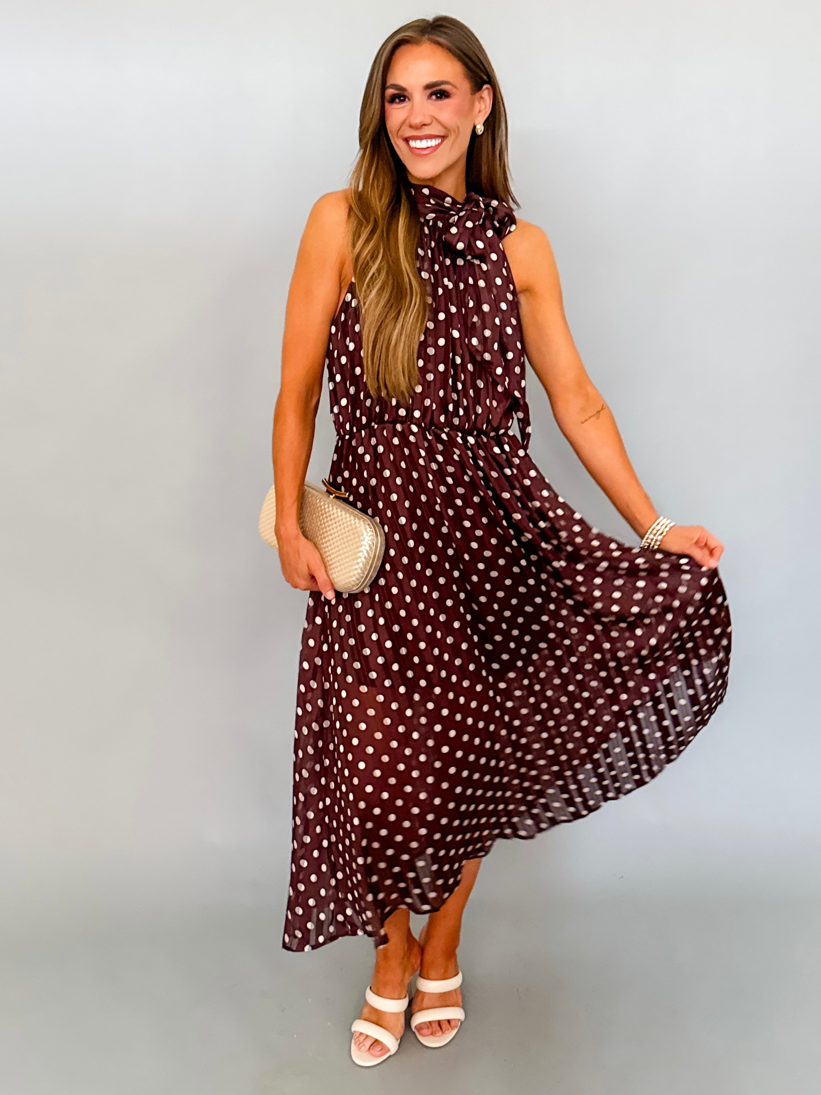 Penelope Polka Dot Bow Midi Dress-Brown
