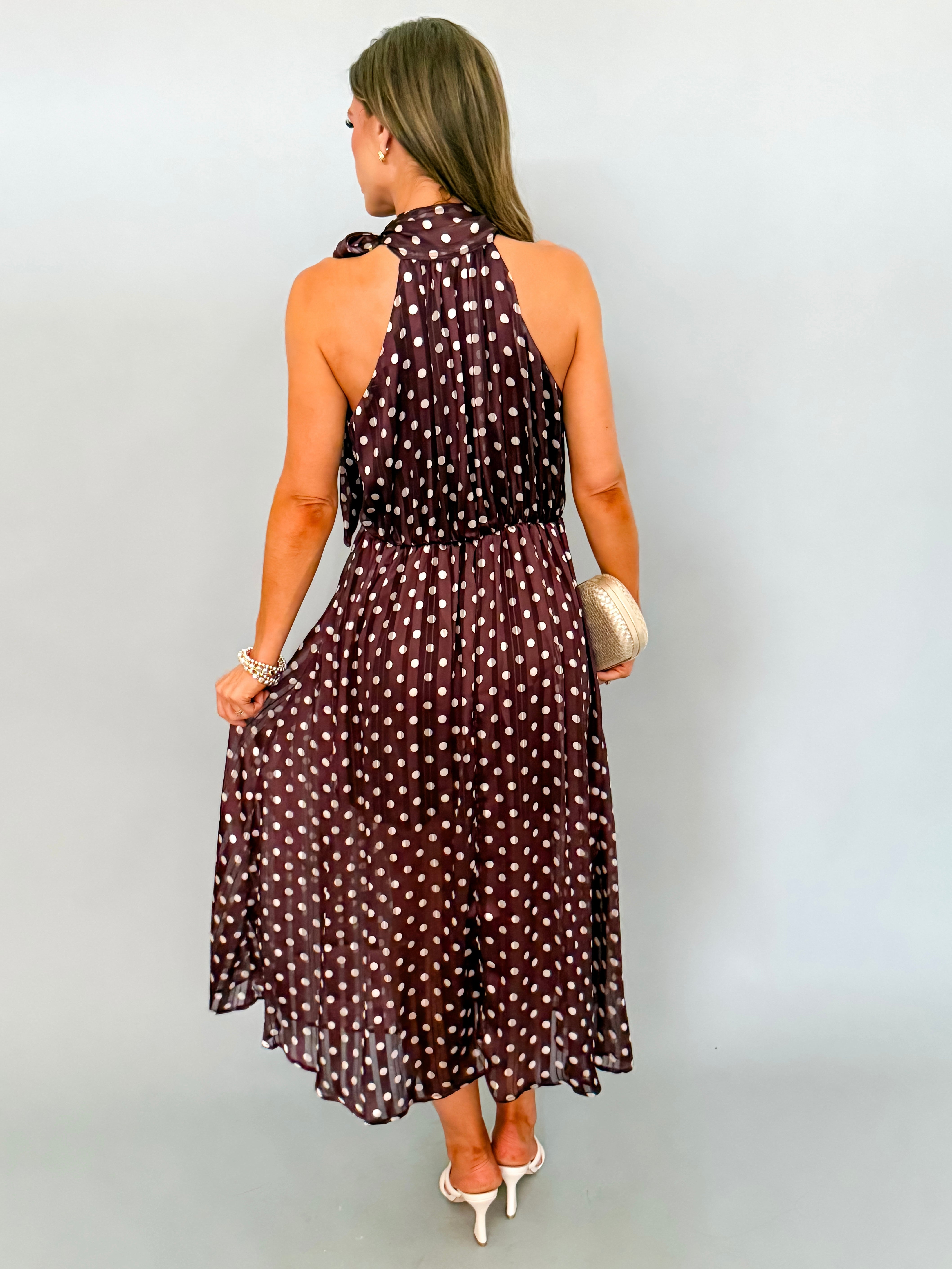 Penelope Polka Dot Bow Midi Dress-Brown