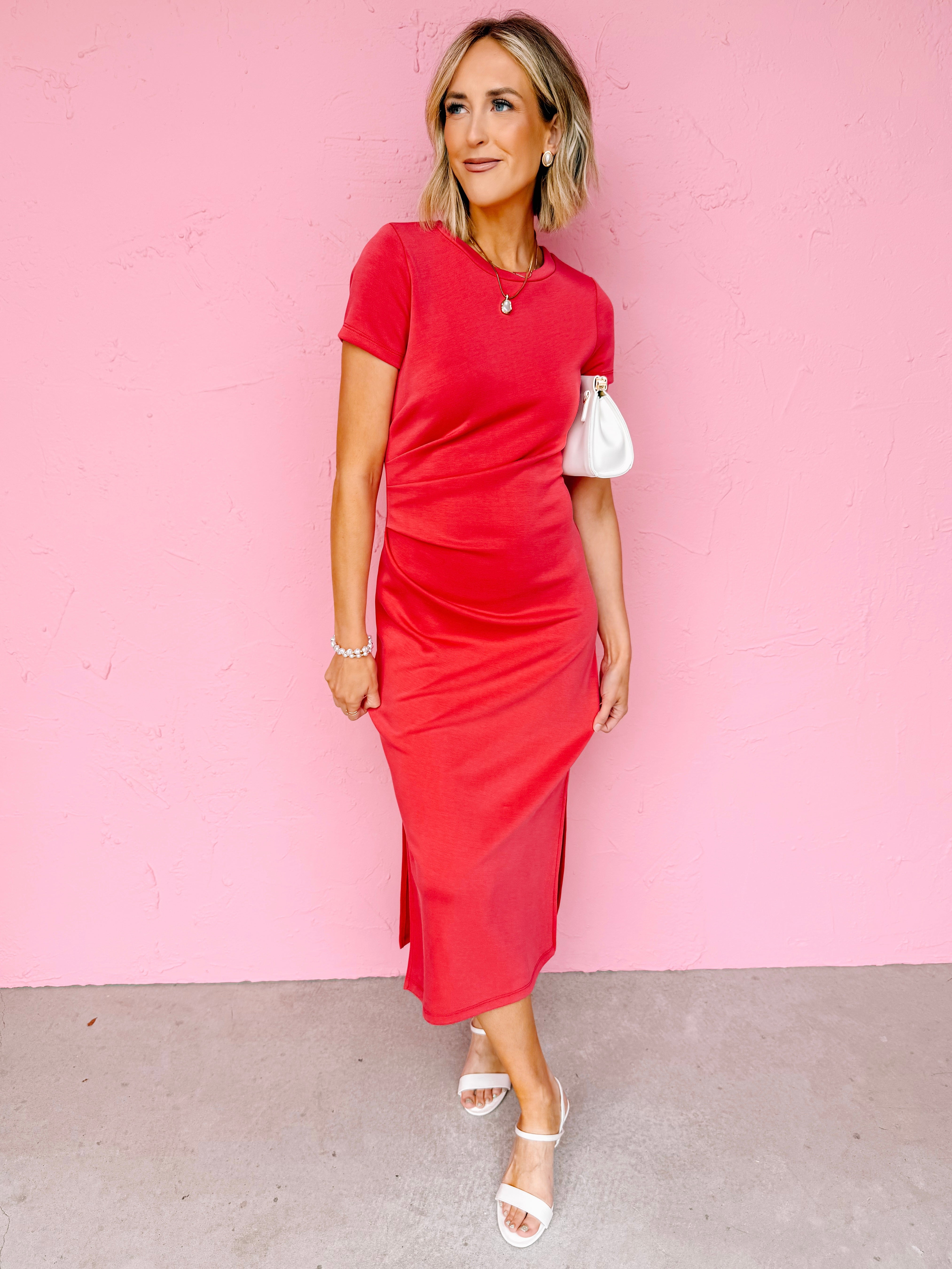 Perrin Pleated Midi Dress-Red
