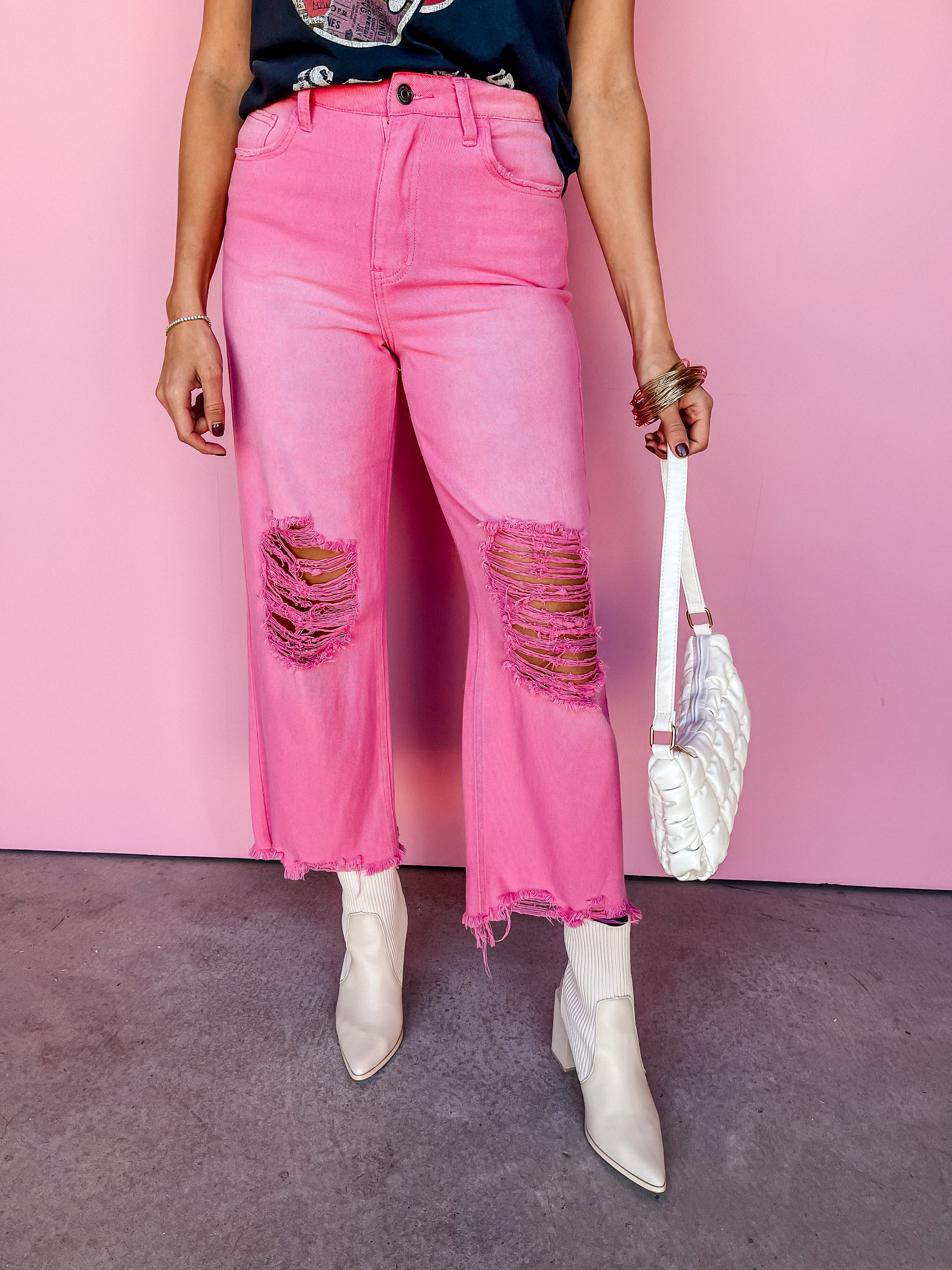 Phoenix Distressed Cropped Jeans-Hot Pink — Ruthie Grace