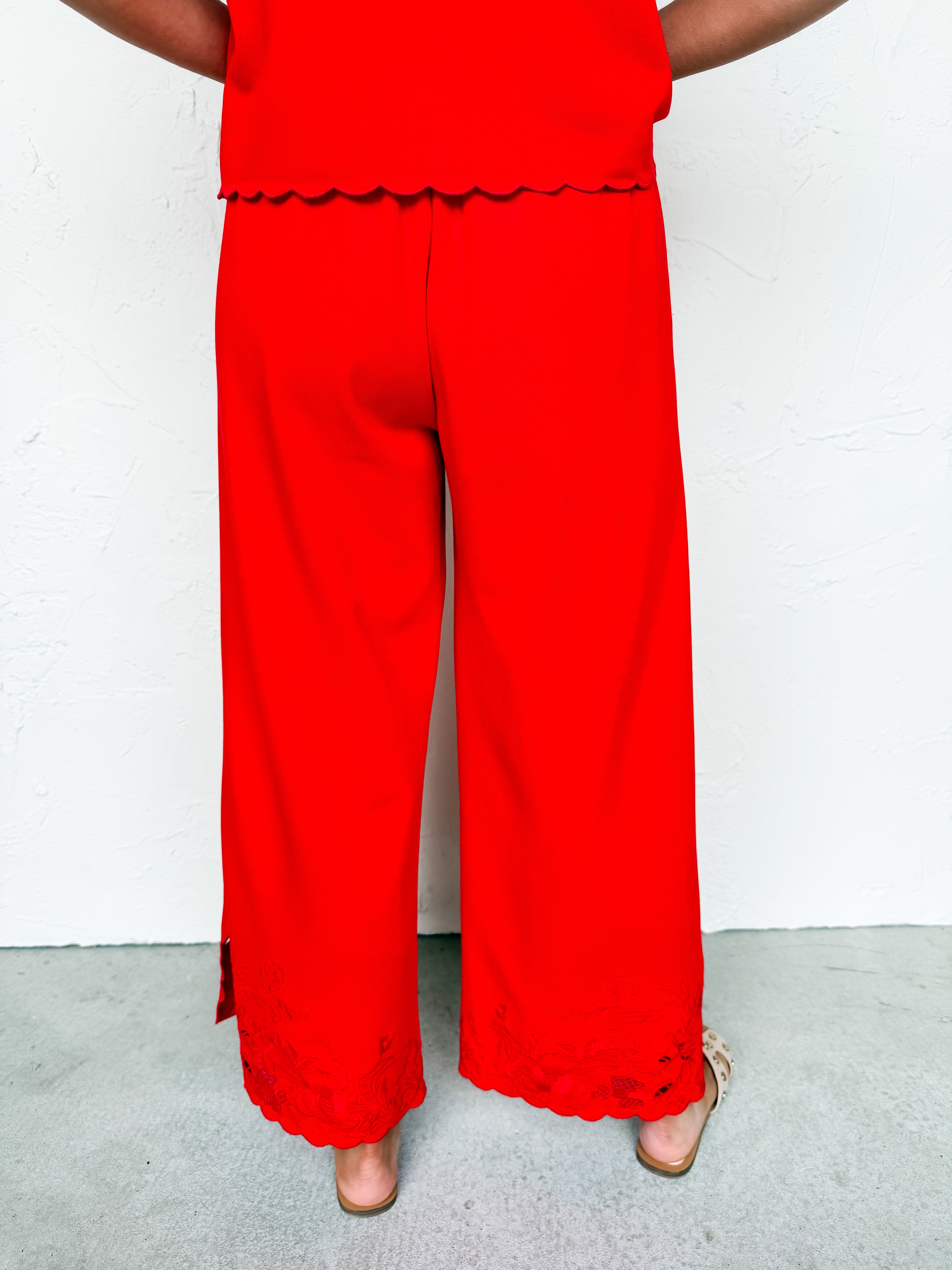 Piper Embroidered Knit Pants-Red
