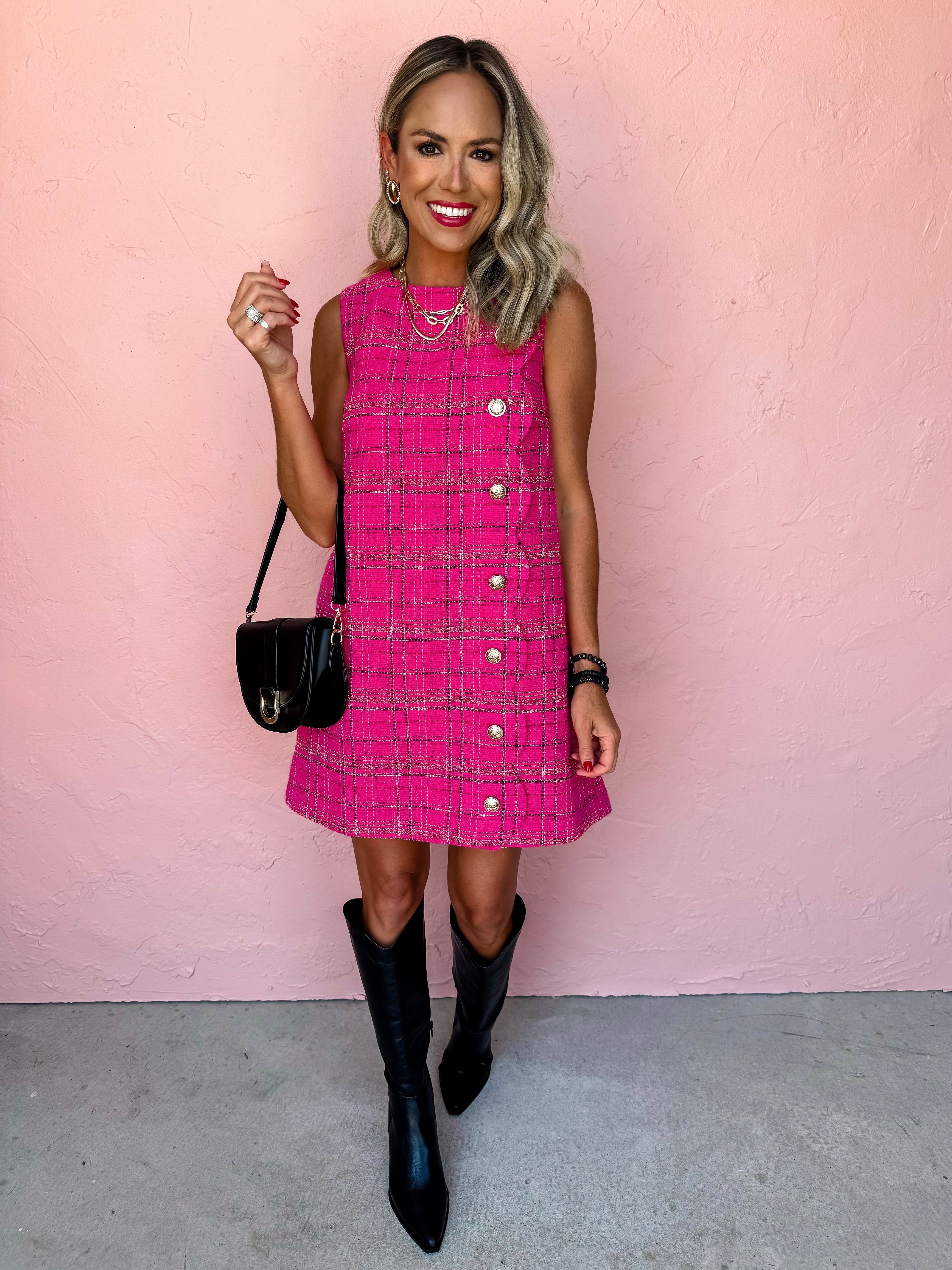 Plaid Tidings Tweed Mini Dress-Hot Pink