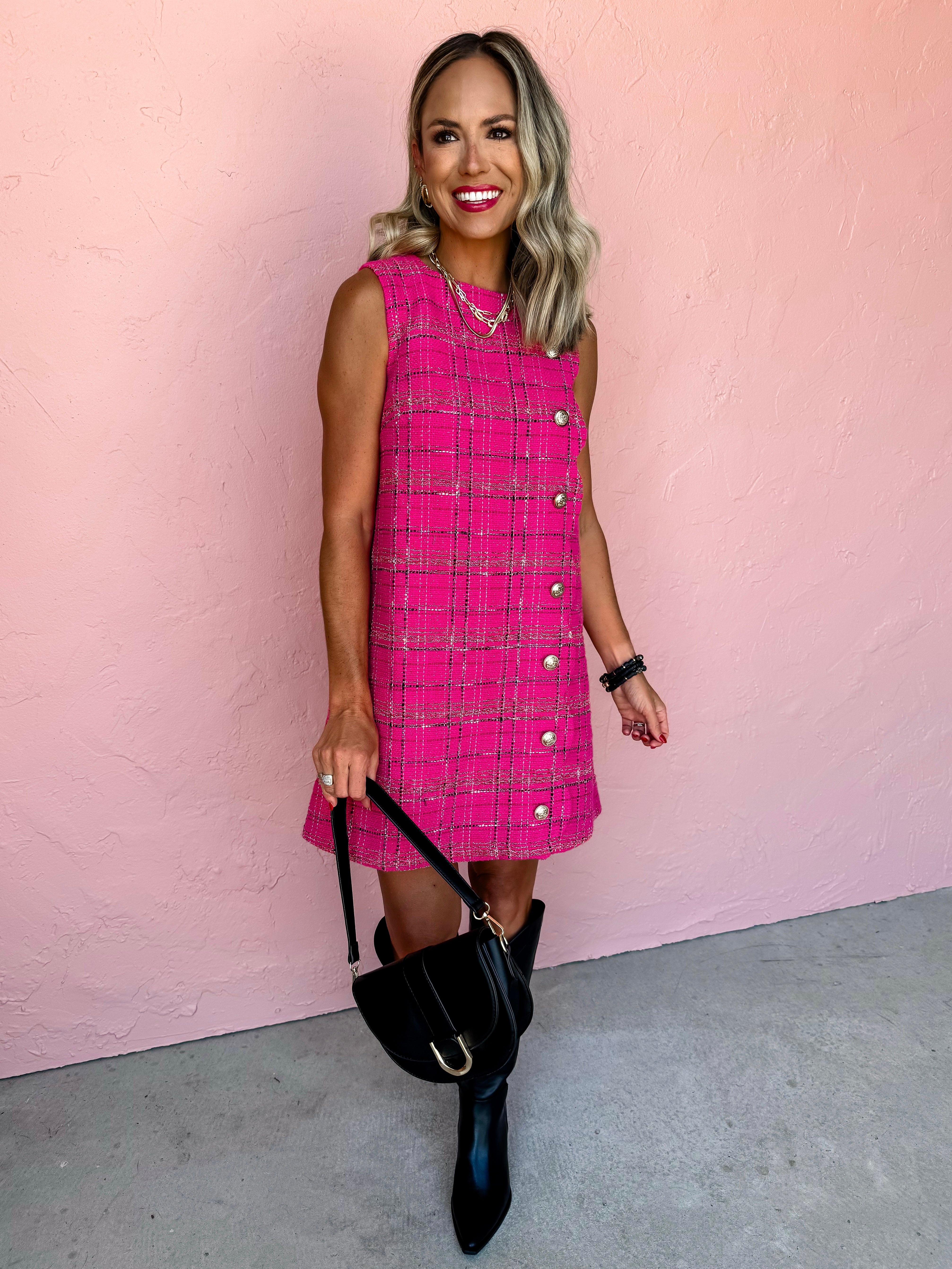 Plaid Tidings Tweed Mini Dress-Hot Pink