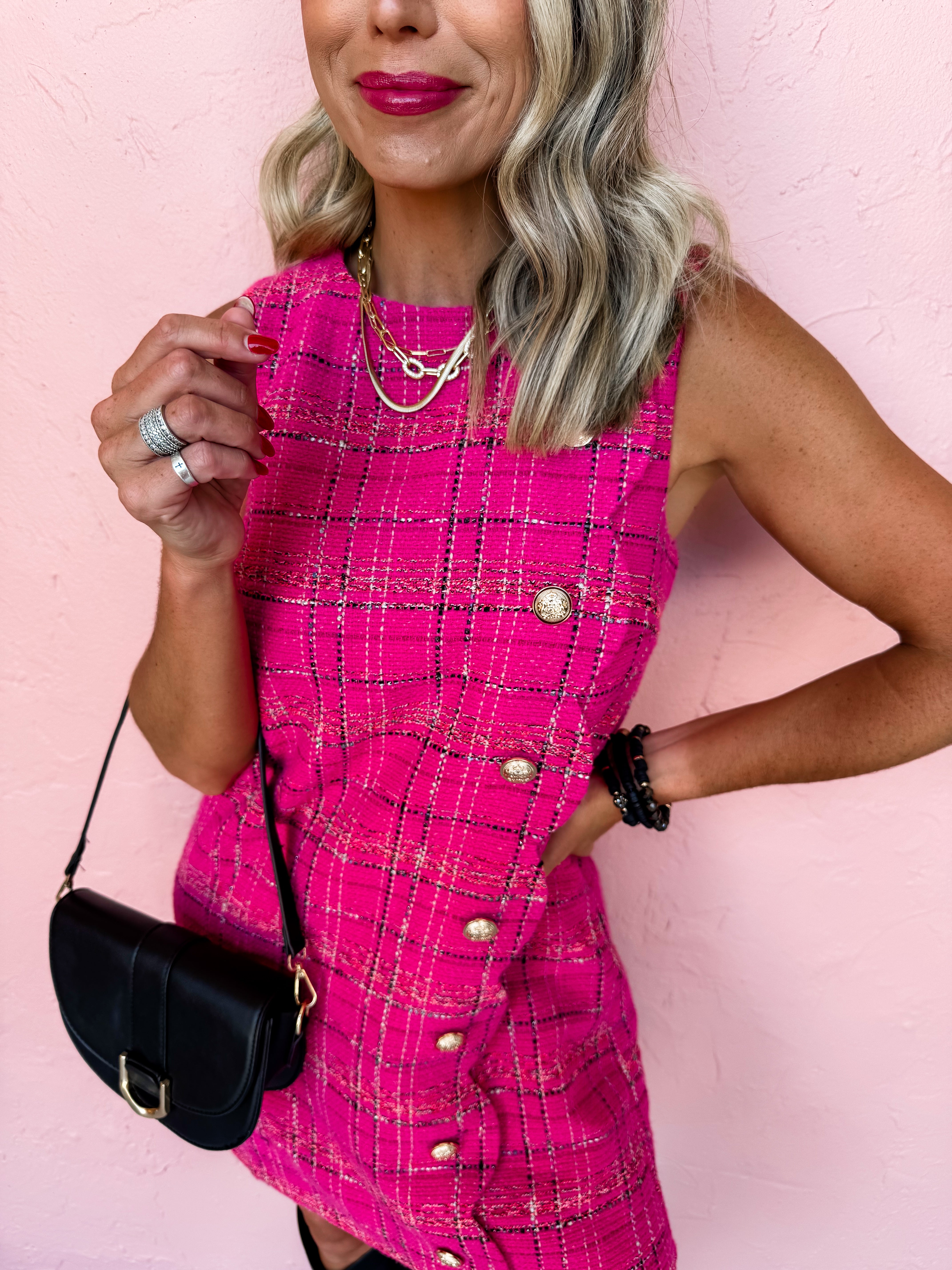 Plaid Tidings Tweed Mini Dress-Hot Pink