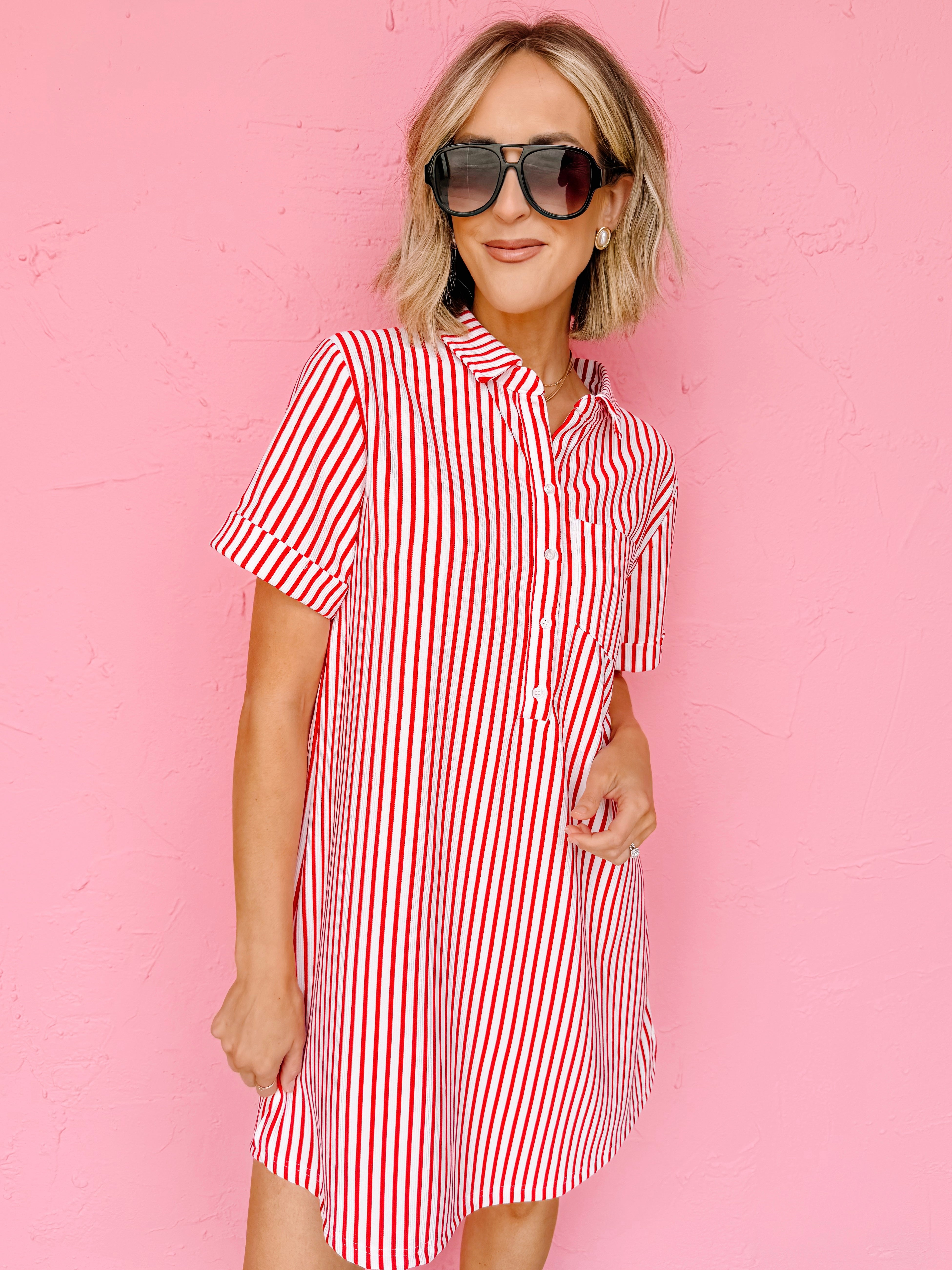 Quincy Striped T-Shirt Dress-Red