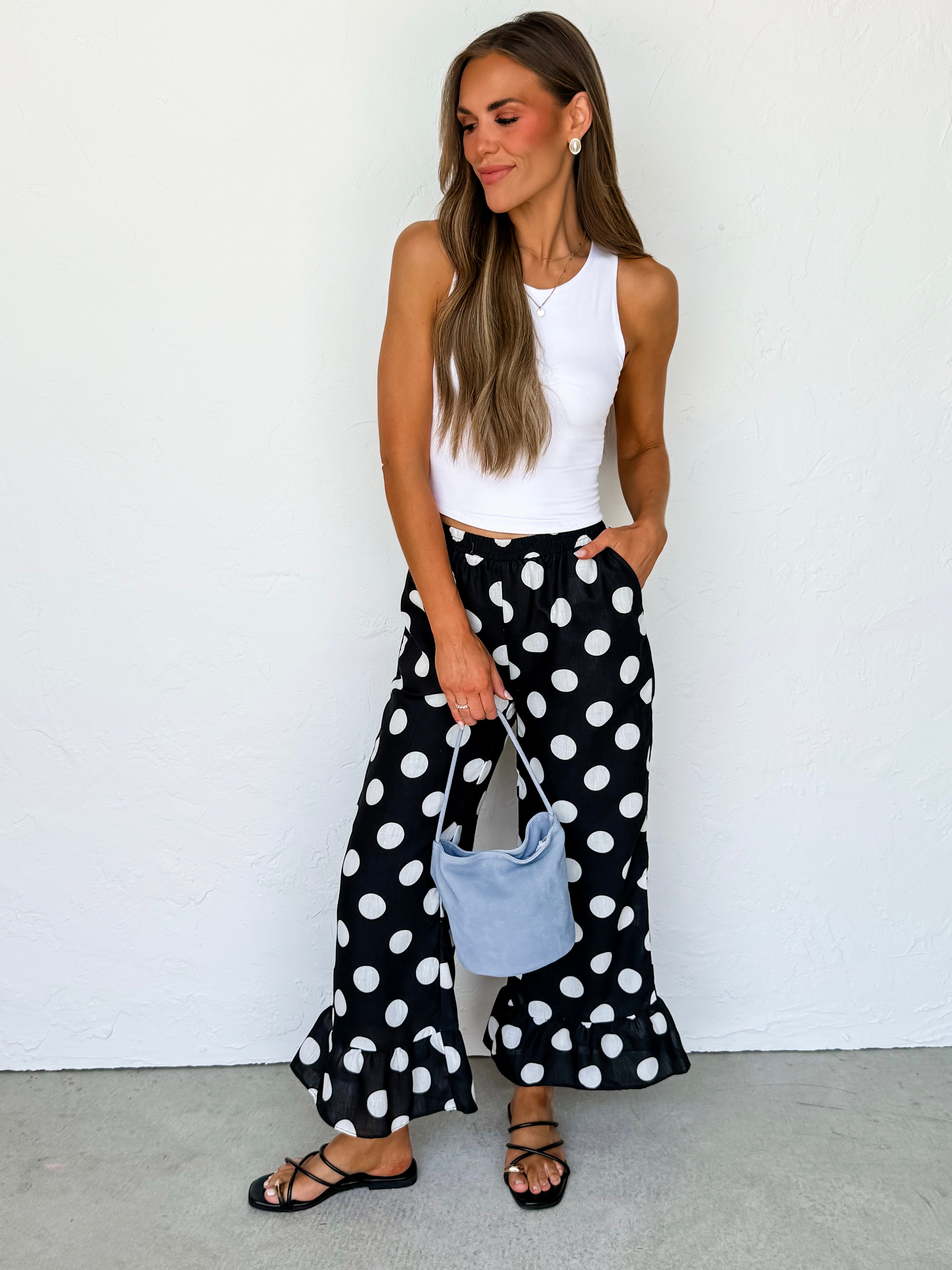 Randi Polka Dot Ruffle Hem Pants