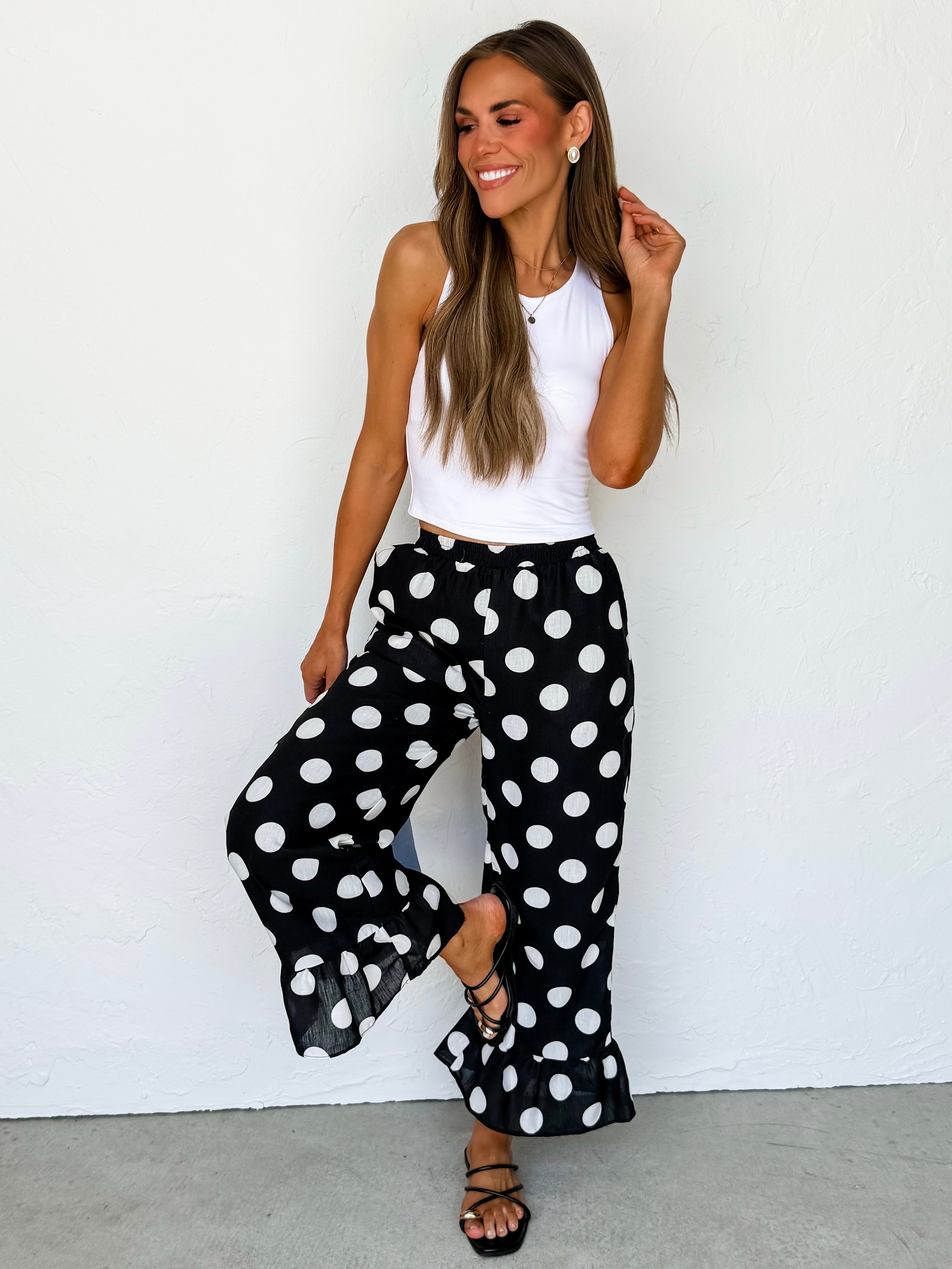 Randi Polka Dot Ruffle Hem Pants