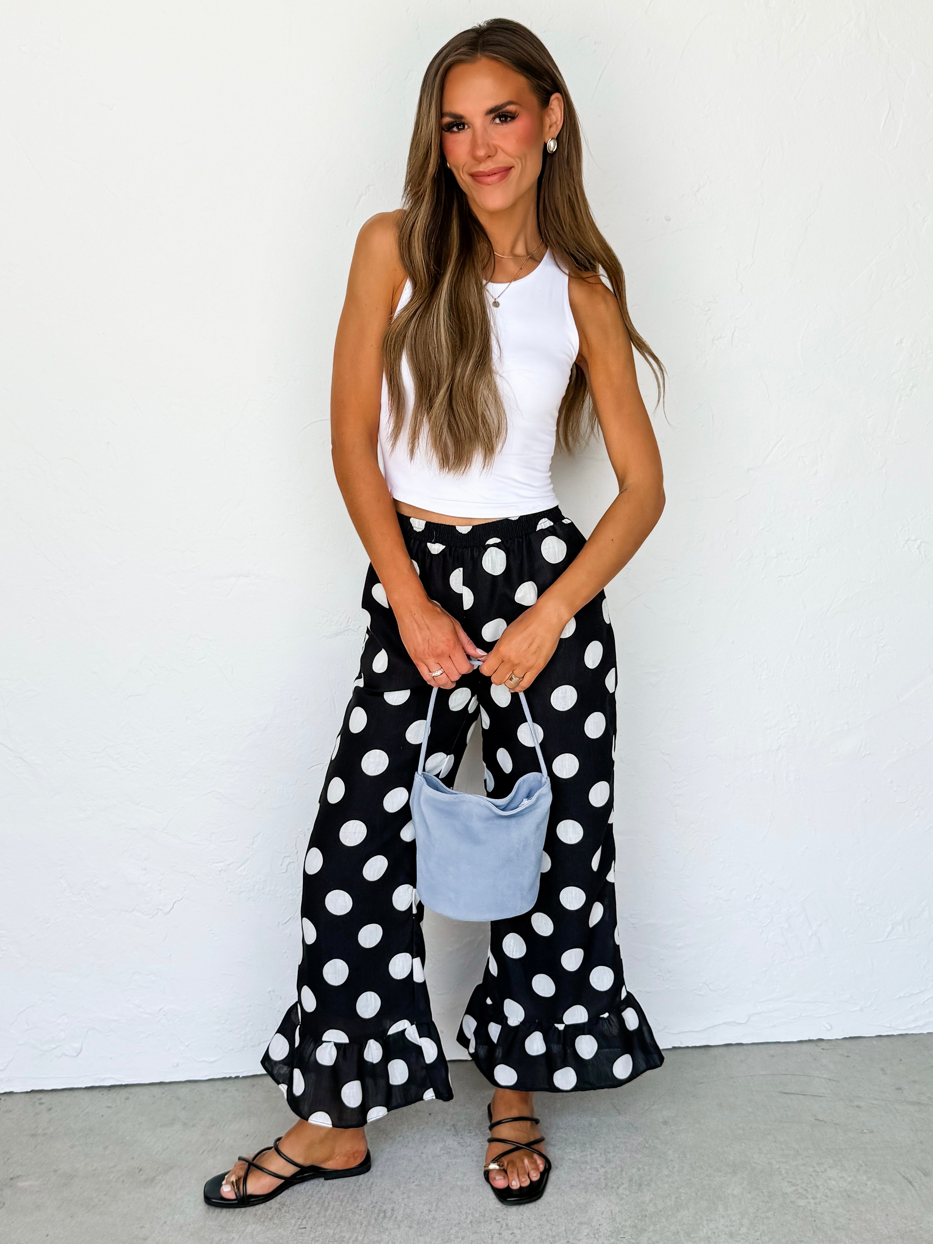 Randi Polka Dot Ruffle Hem Pants