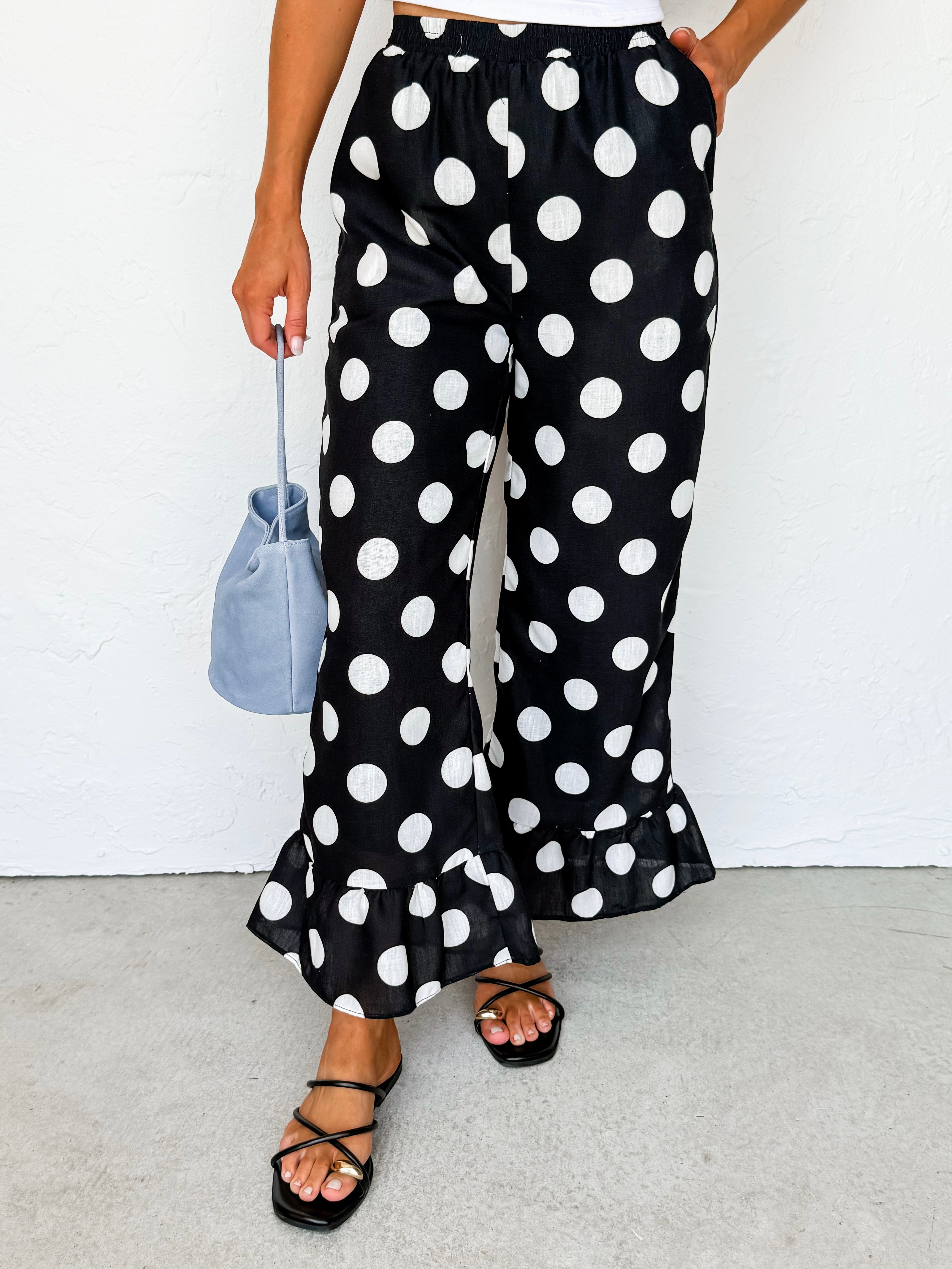 Randi Polka Dot Ruffle Hem Pants