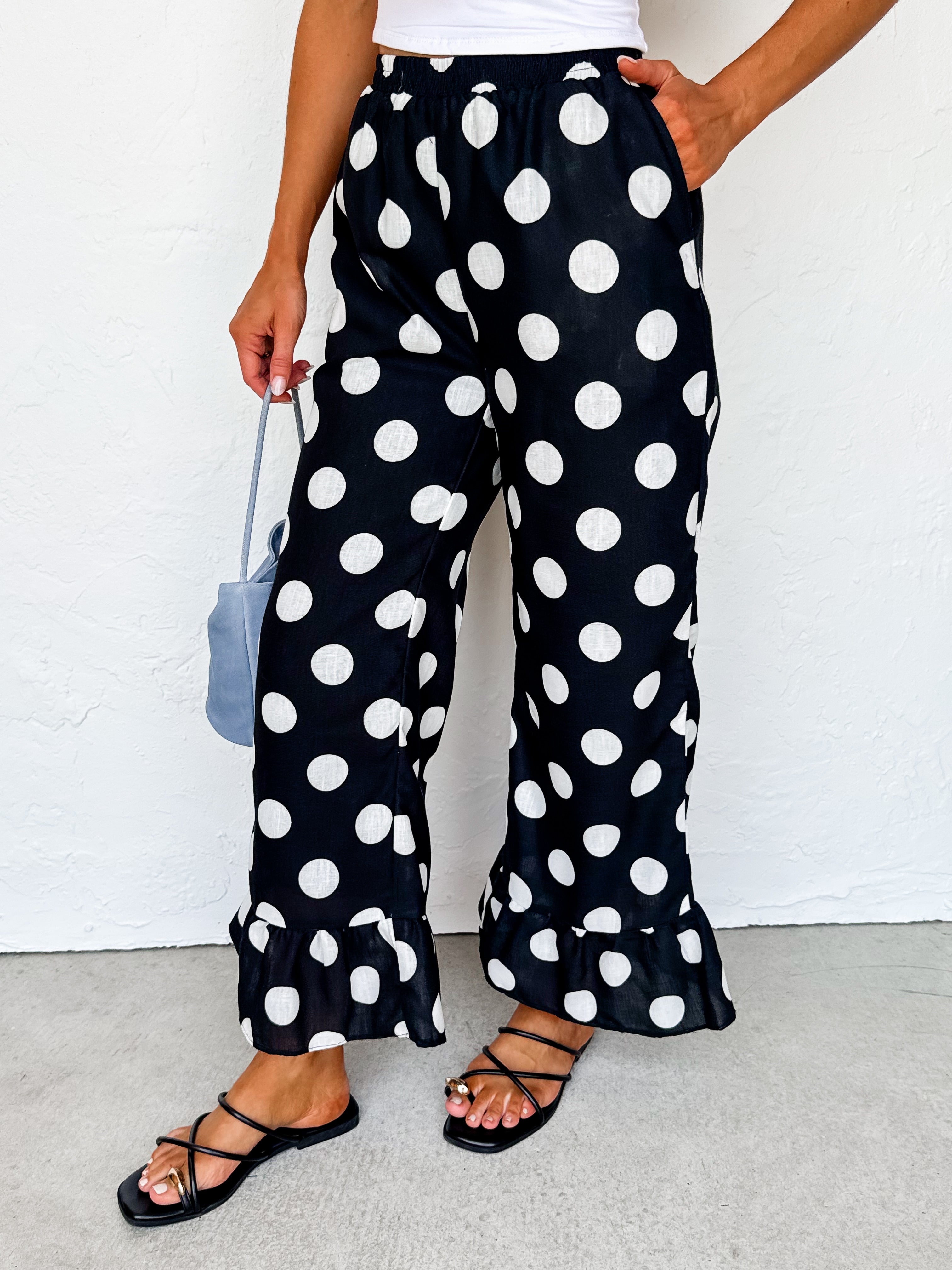 Randi Polka Dot Ruffle Hem Pants