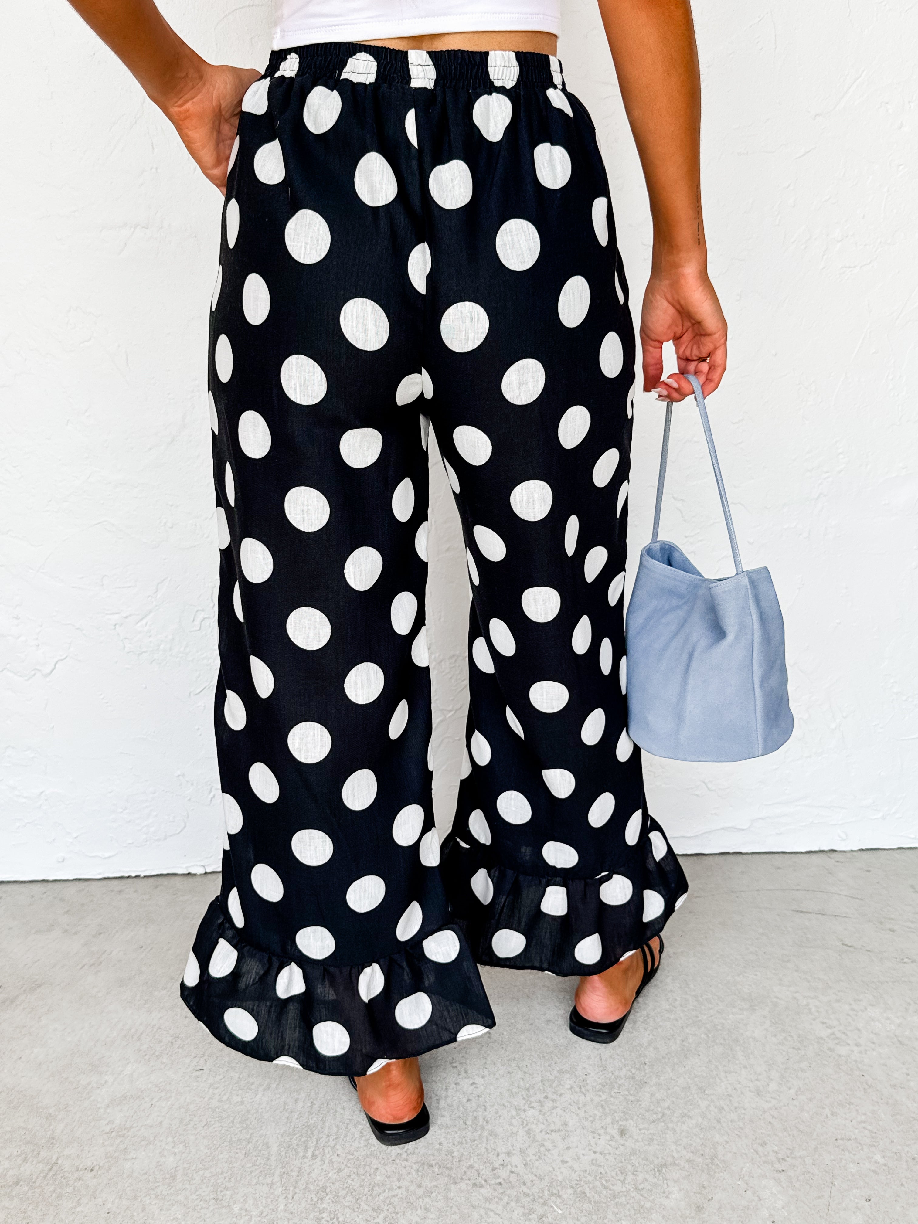 Randi Polka Dot Ruffle Hem Pants