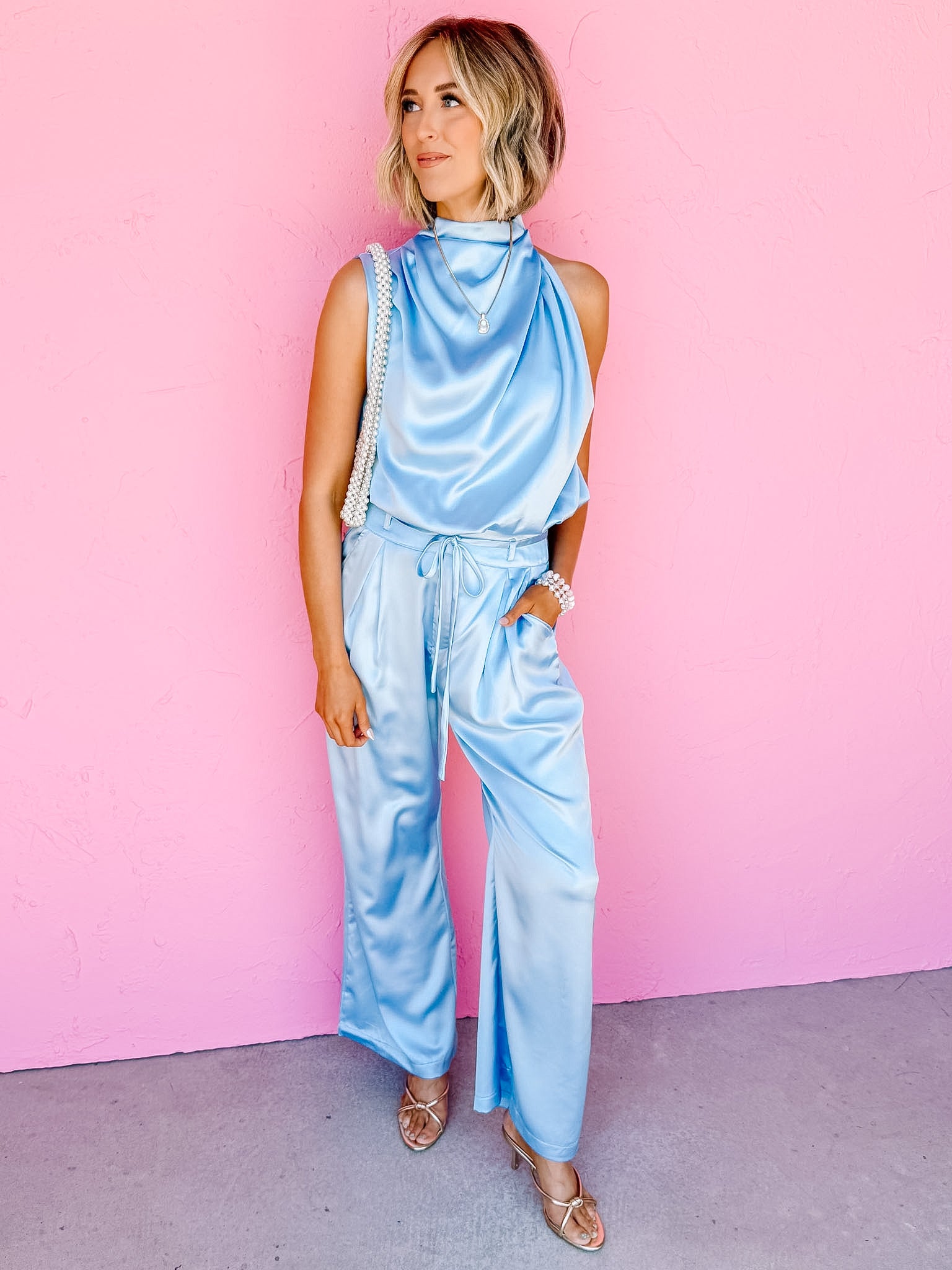 Raze High Neck Top And Pant Set-Light Blue
