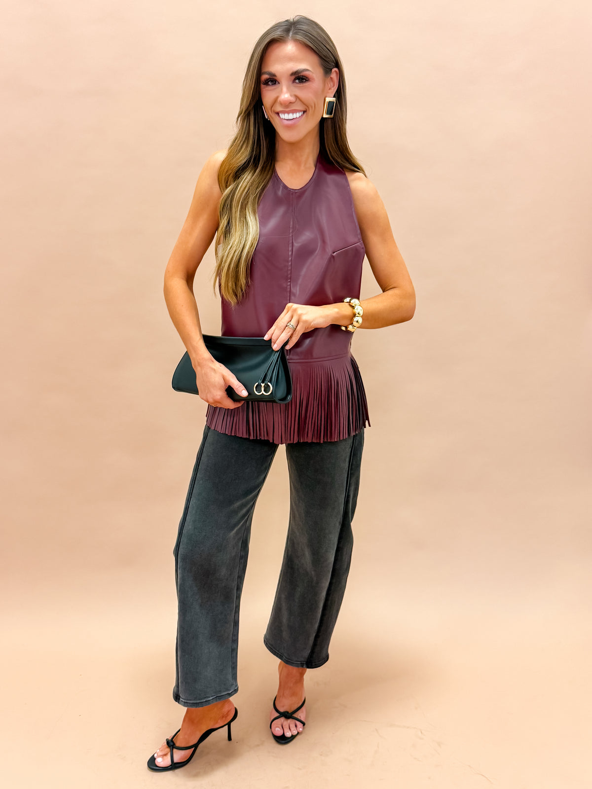 Reed Faux Leather Fringe Halter Top-Burgundy