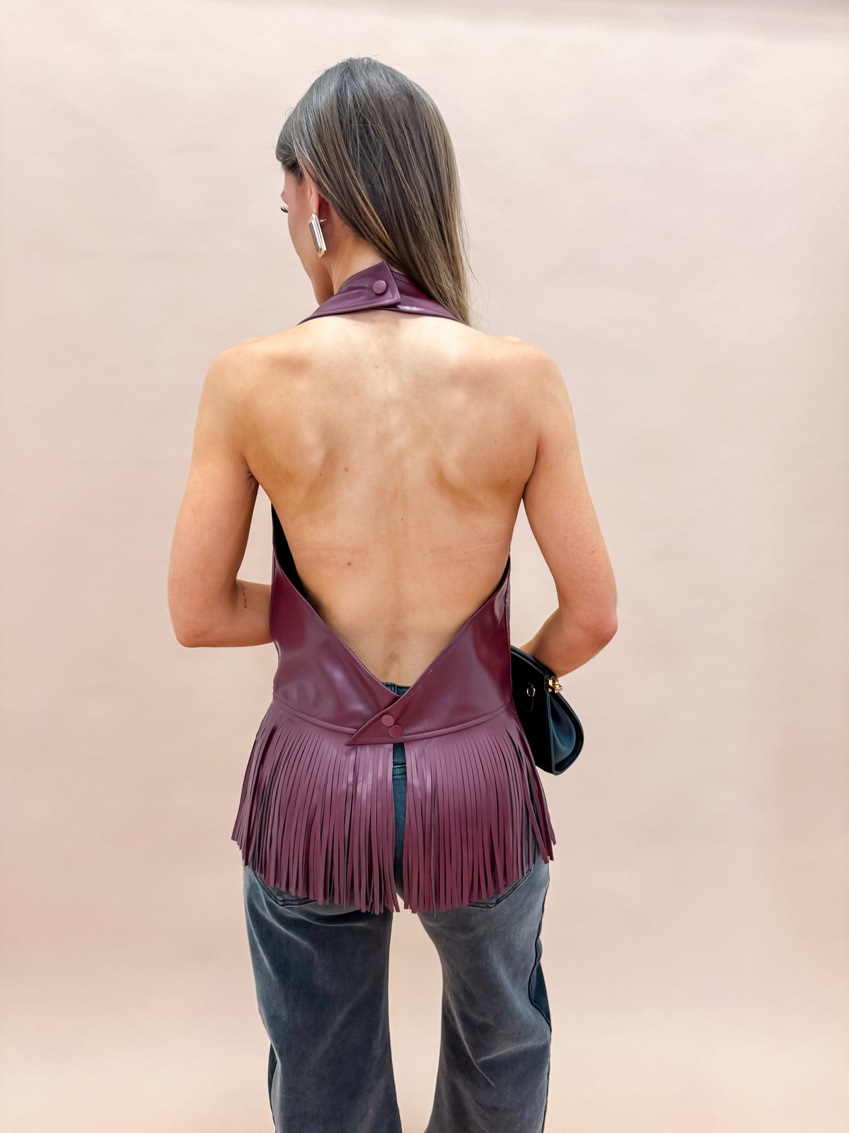 Reed Faux Leather Fringe Halter Top-Burgundy
