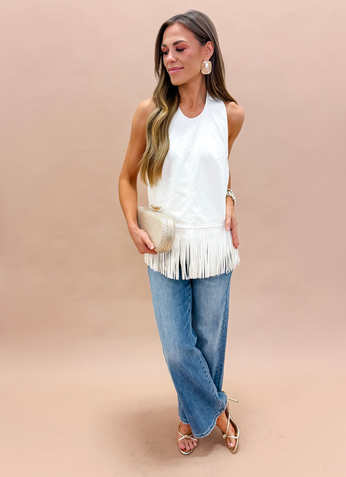 Reed Faux Leather Fringe Halter Top-White