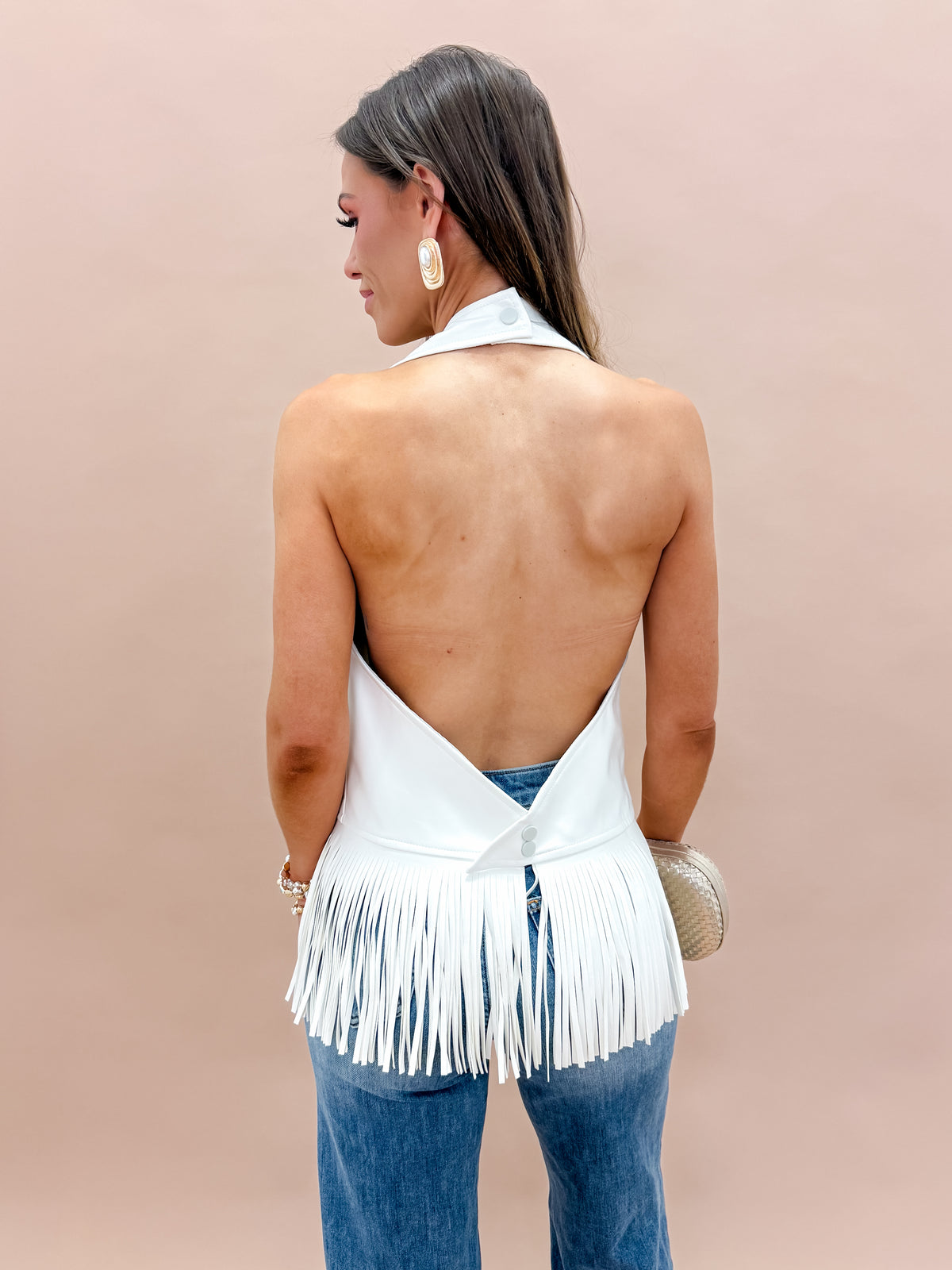 Reed Faux Leather Fringe Halter Top-White
